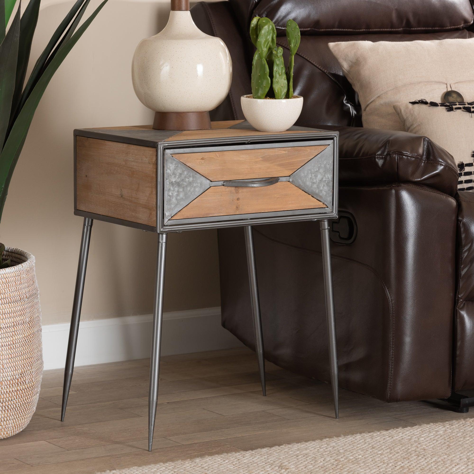 Laurel Rustic Industrial Antique Finished Metal and washed Finished Wood 1-Drawer End Table