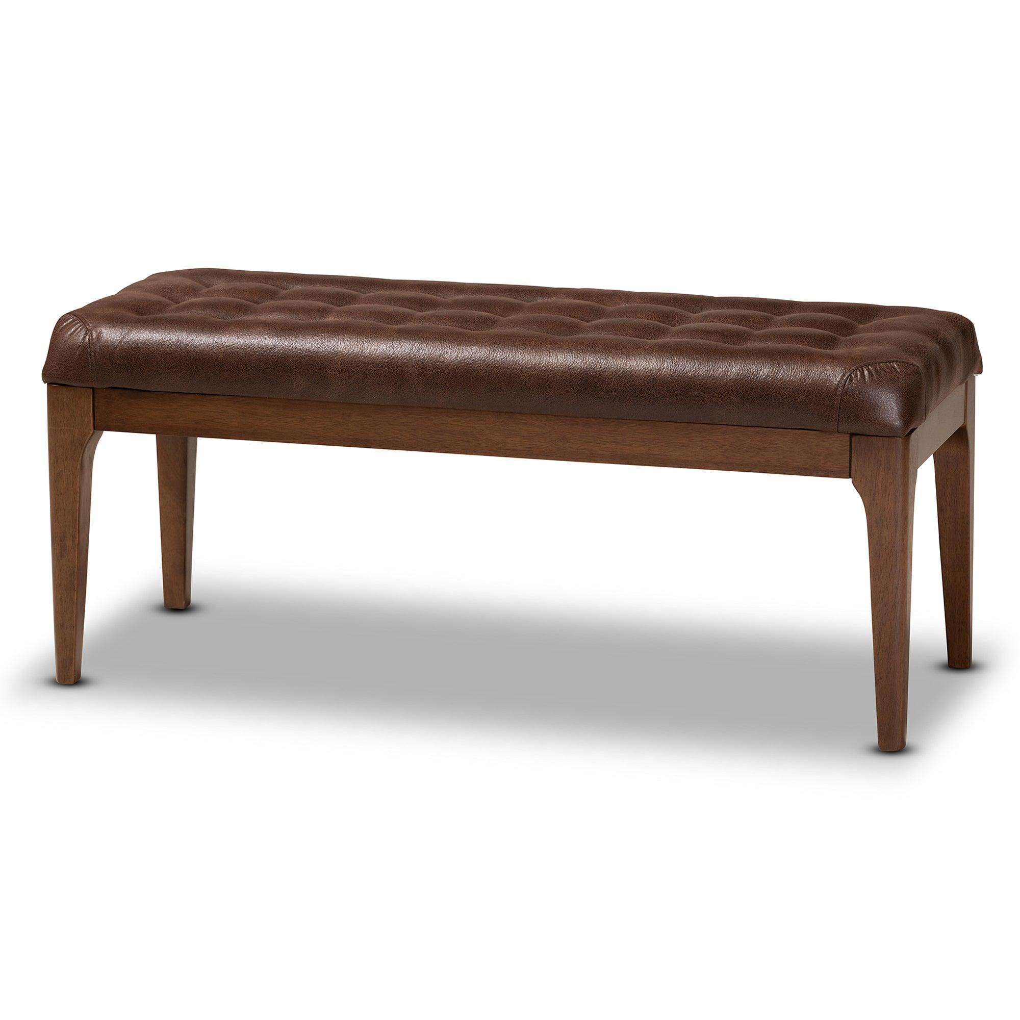 Walsh Mid-Century Modern Leather-Effect Polyester Fabric Upholstered and Finished Wood Dining Bench