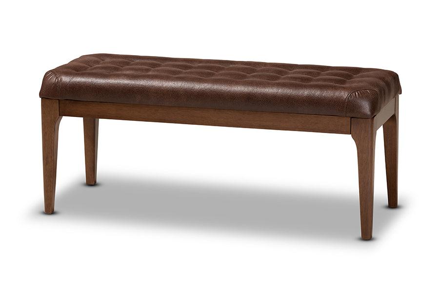 Walsh Mid-Century Modern Leather-Effect Polyester Fabric Upholstered and Finished Wood Dining Bench