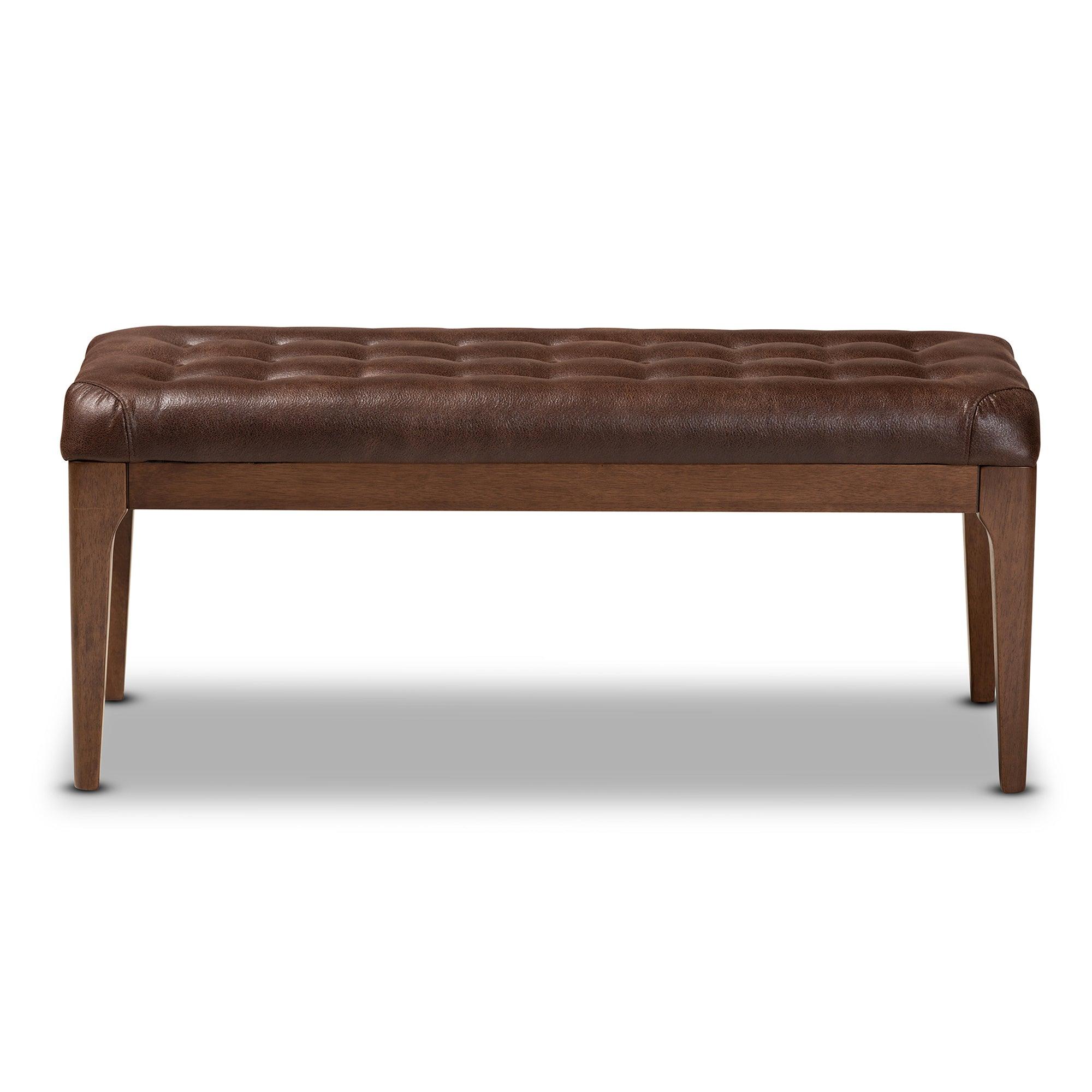 Walsh Mid-Century Modern Leather-Effect Polyester Fabric Upholstered and Finished Wood Dining Bench