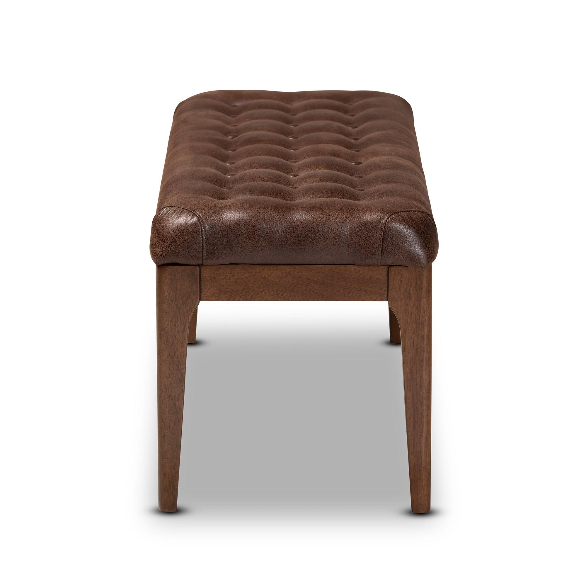 Walsh Mid-Century Modern Leather-Effect Polyester Fabric Upholstered and Finished Wood Dining Bench
