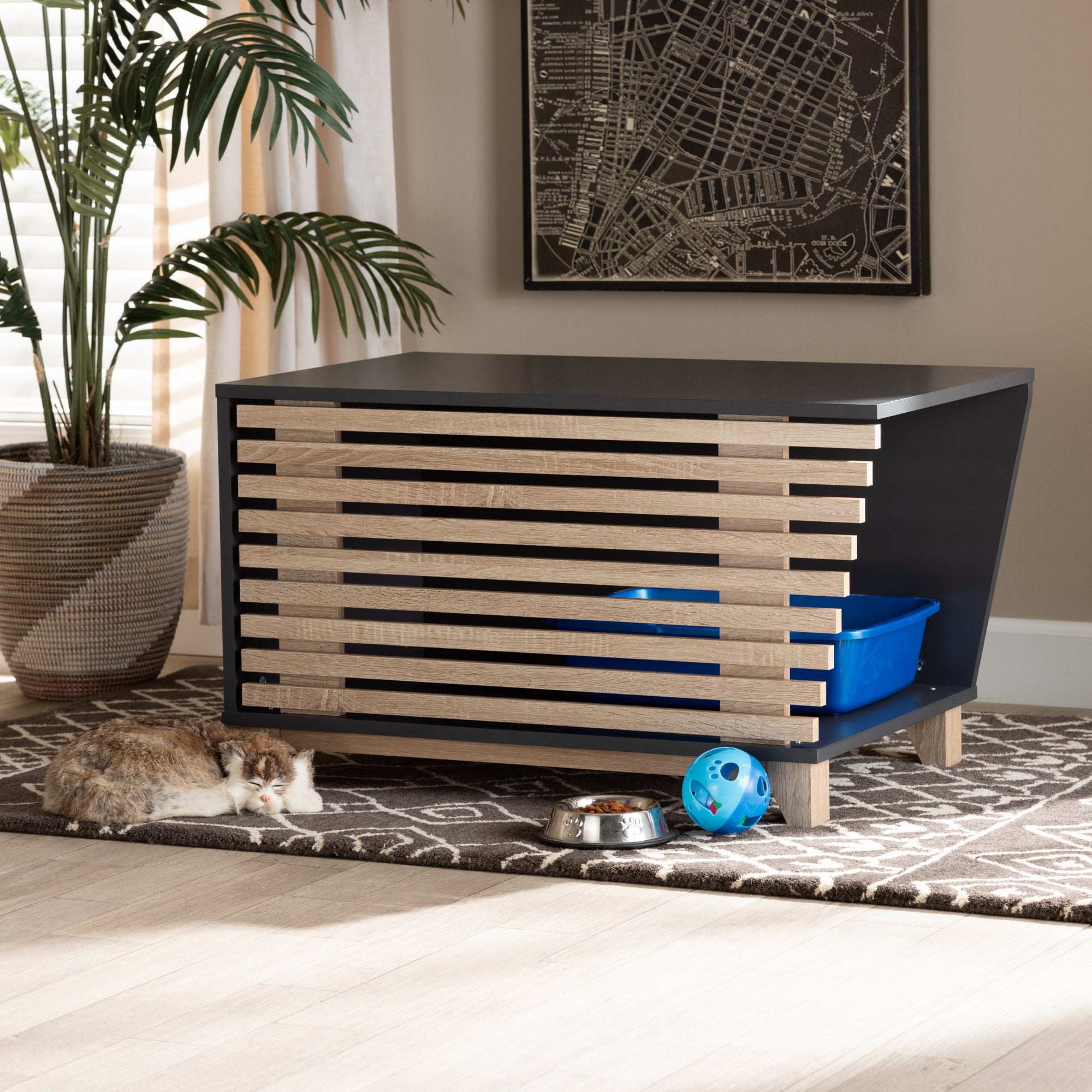 Eckhart Modern and Contemporary Two-Tone Dark and Finished Wood Cat Litter Box Cover House
