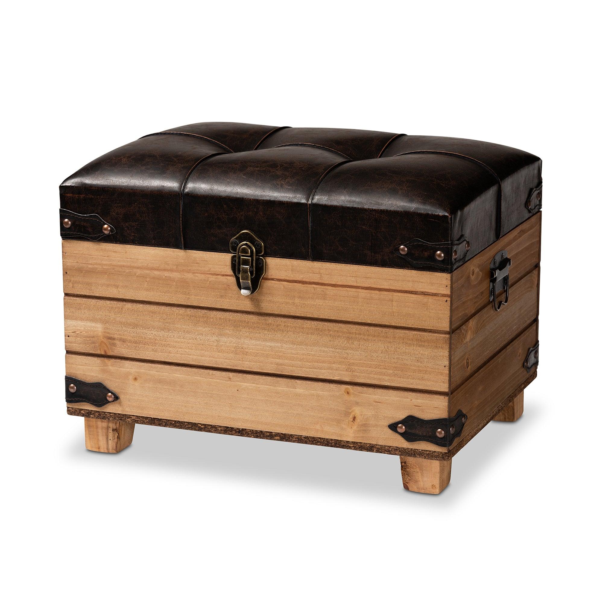 Edmund Rustic Transitional Faux Leather Upholstered and Finished Wood Storage Ottoman