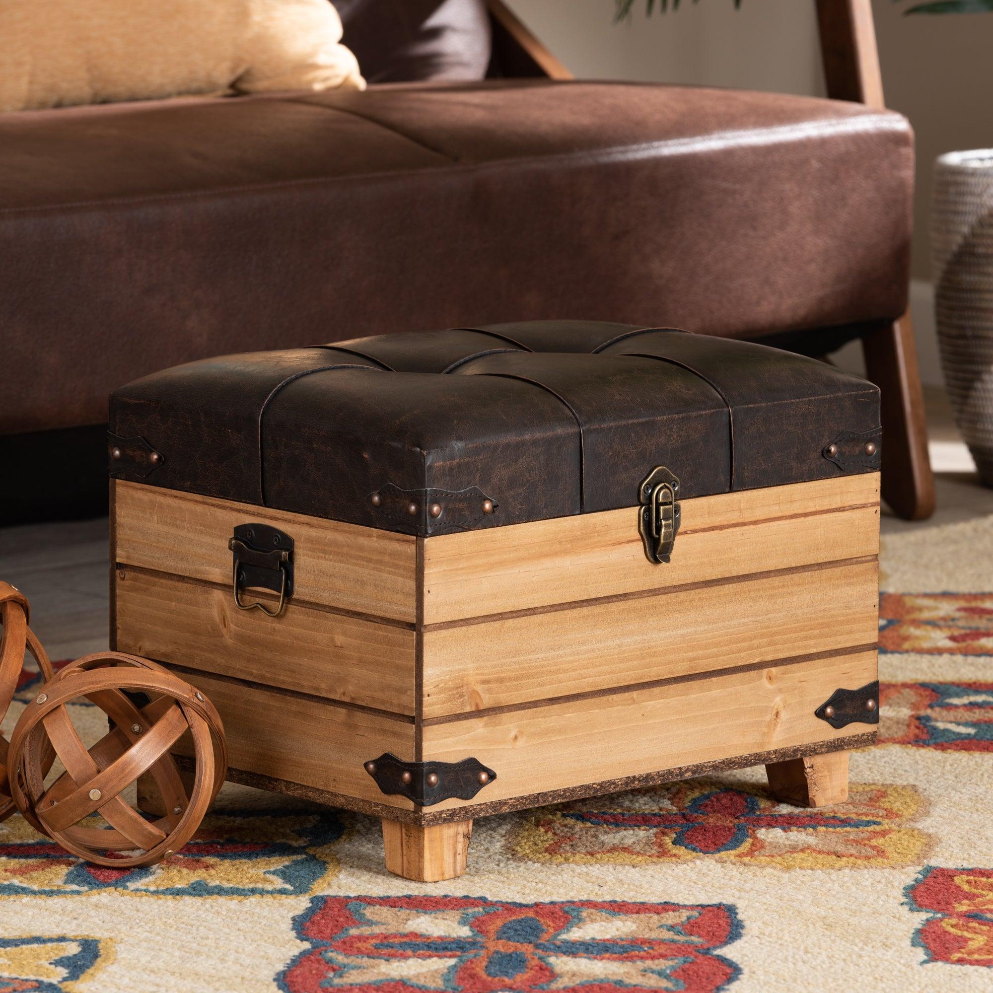 Edmund Rustic Transitional Faux Leather Upholstered and Finished Wood Storage Ottoman