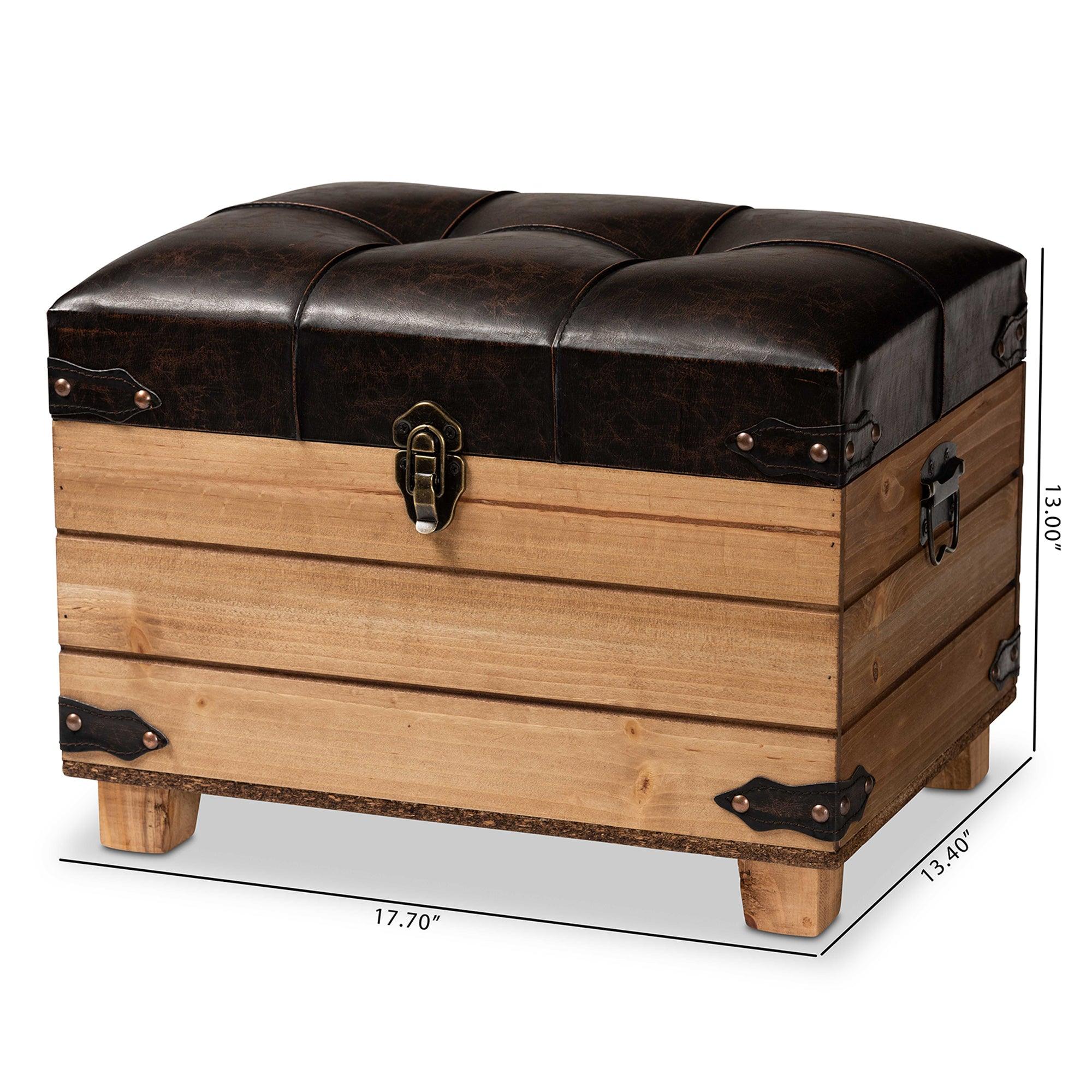 Edmund Rustic Transitional Faux Leather Upholstered and Finished Wood Storage Ottoman