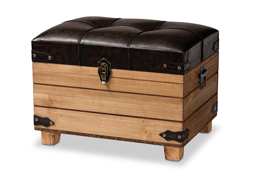 Edmund Rustic Transitional Faux Leather Upholstered and Finished Wood Storage Ottoman