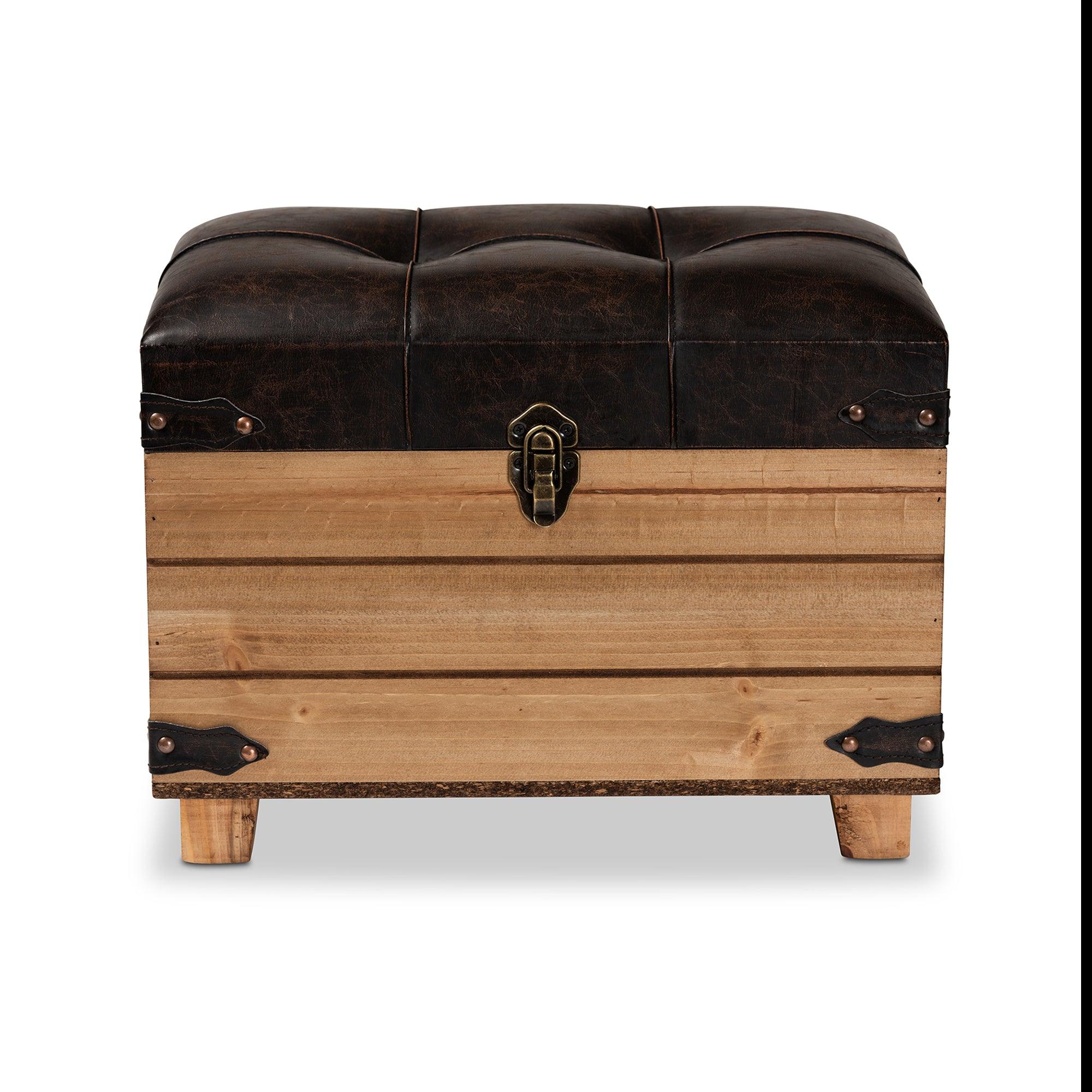 Edmund Rustic Transitional Faux Leather Upholstered and Finished Wood Storage Ottoman