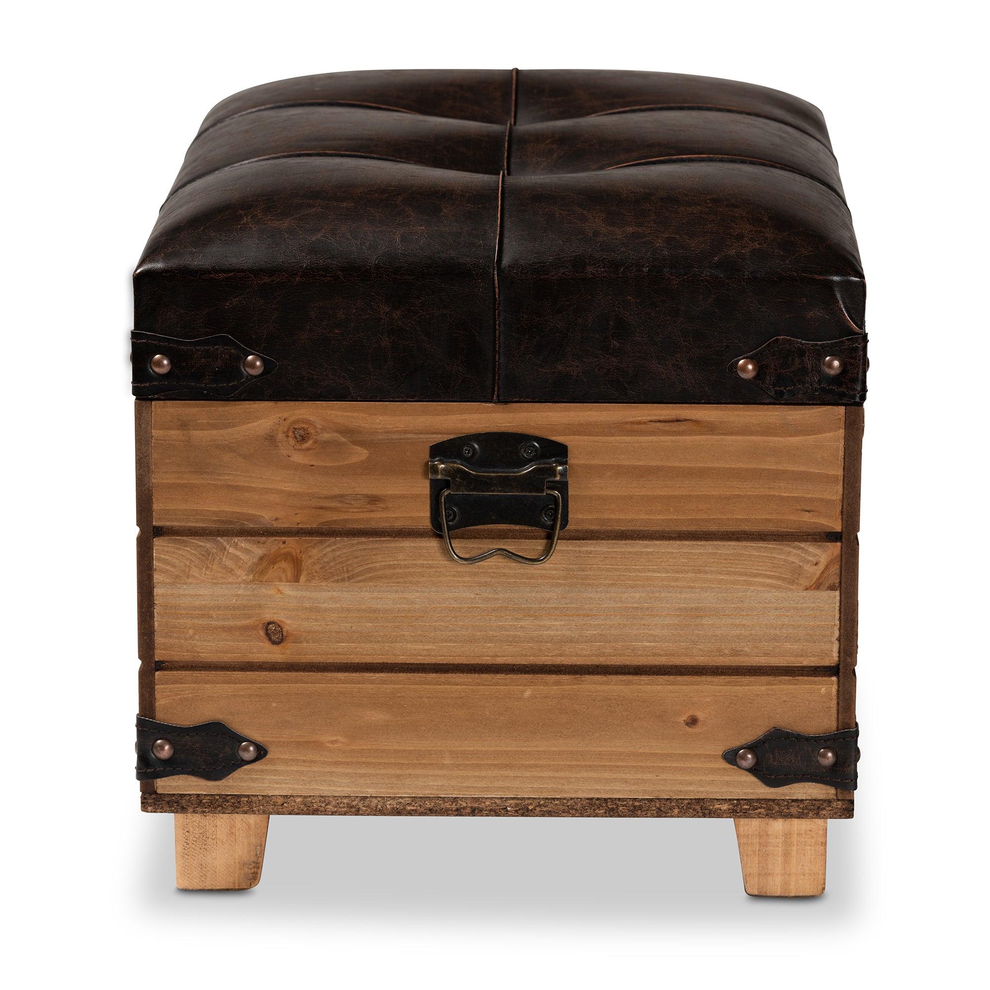 Edmund Rustic Transitional Faux Leather Upholstered and Finished Wood Storage Ottoman