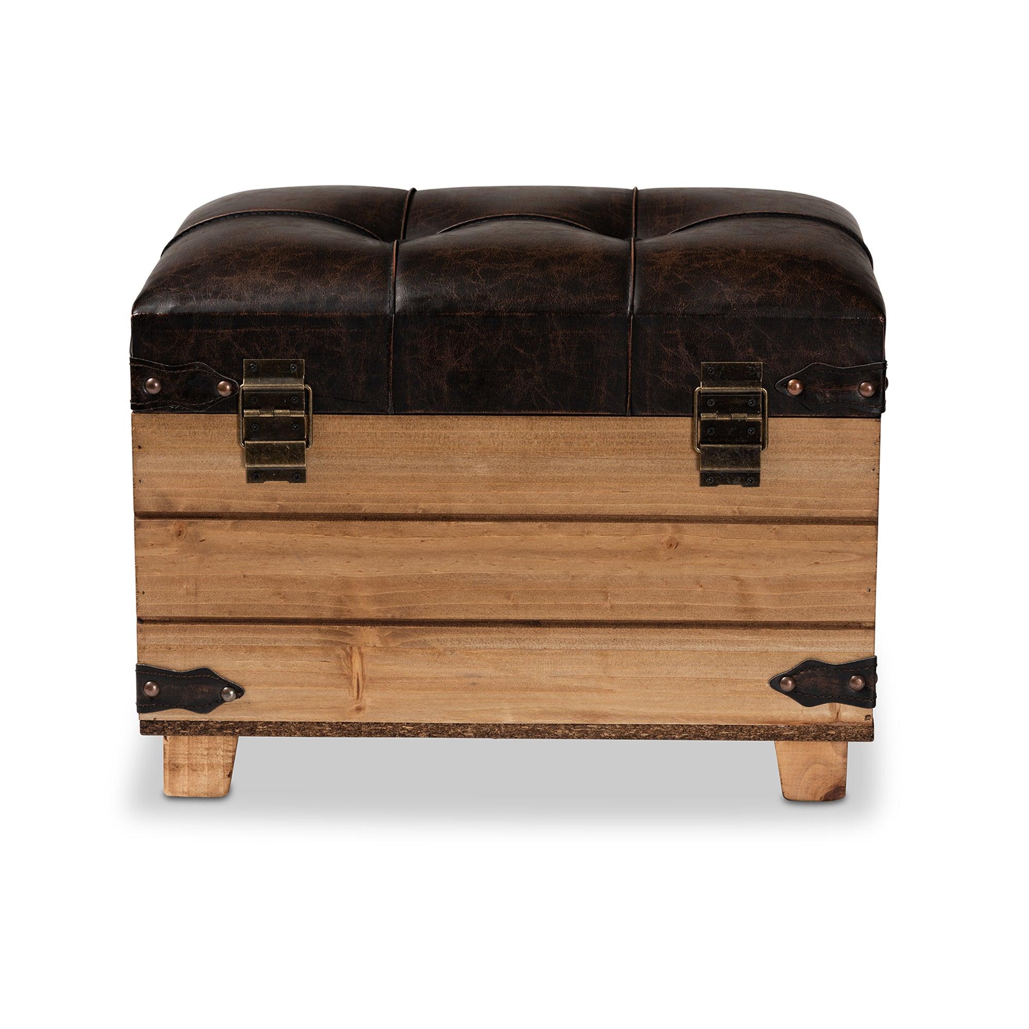 Edmund Rustic Transitional Faux Leather Upholstered and Finished Wood Storage Ottoman