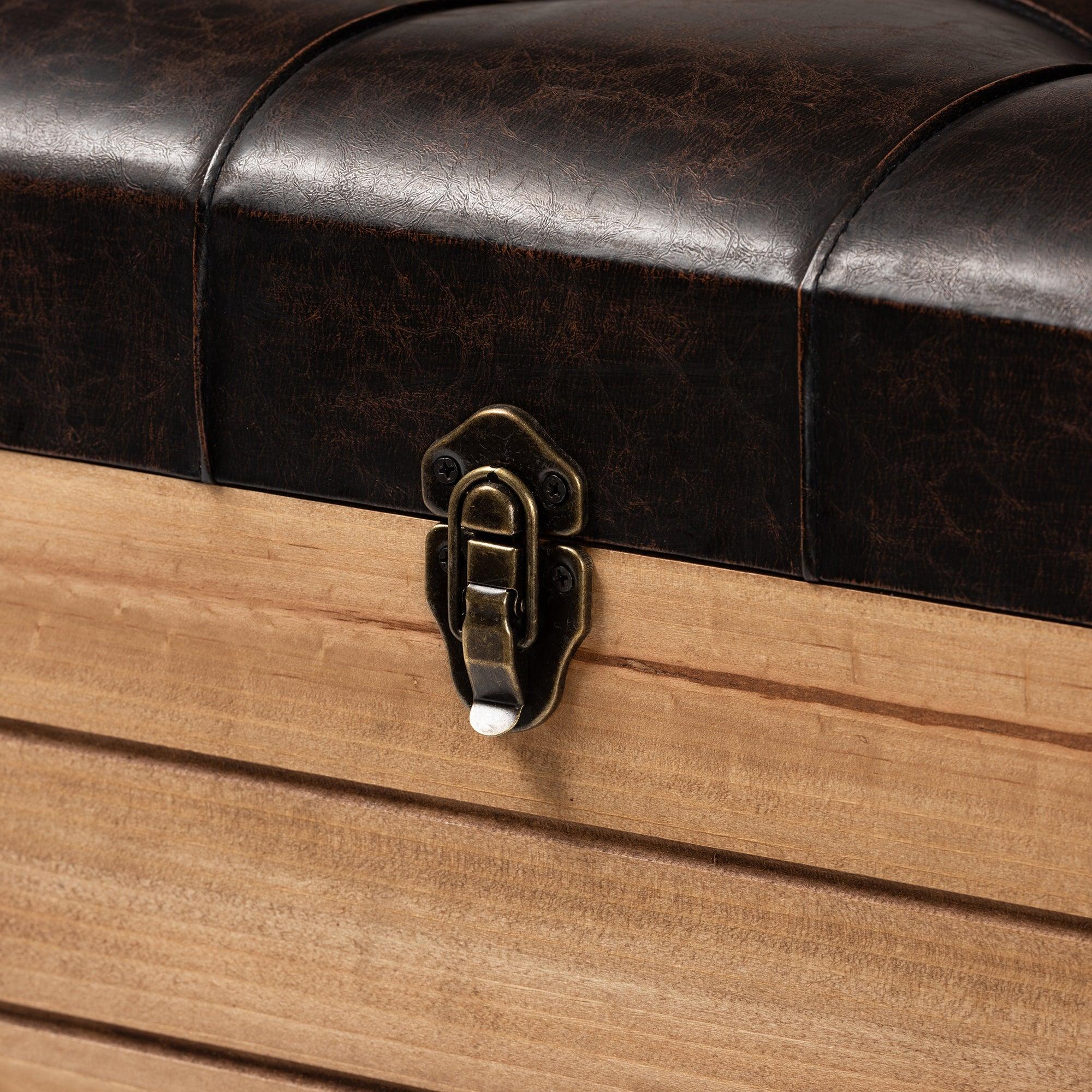 Edmund Rustic Transitional Faux Leather Upholstered and Finished Wood Storage Ottoman