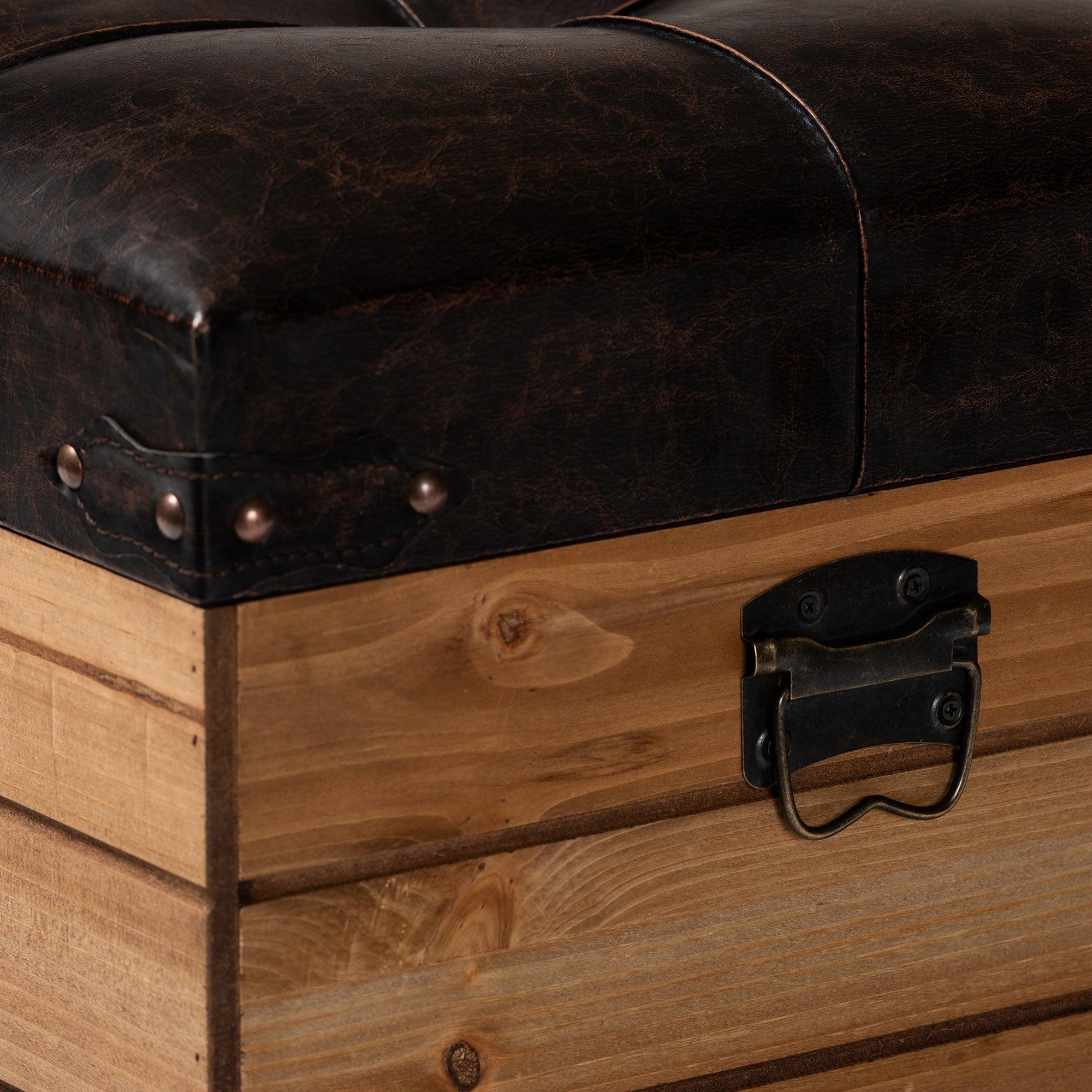 Edmund Rustic Transitional Faux Leather Upholstered and Finished Wood Storage Ottoman