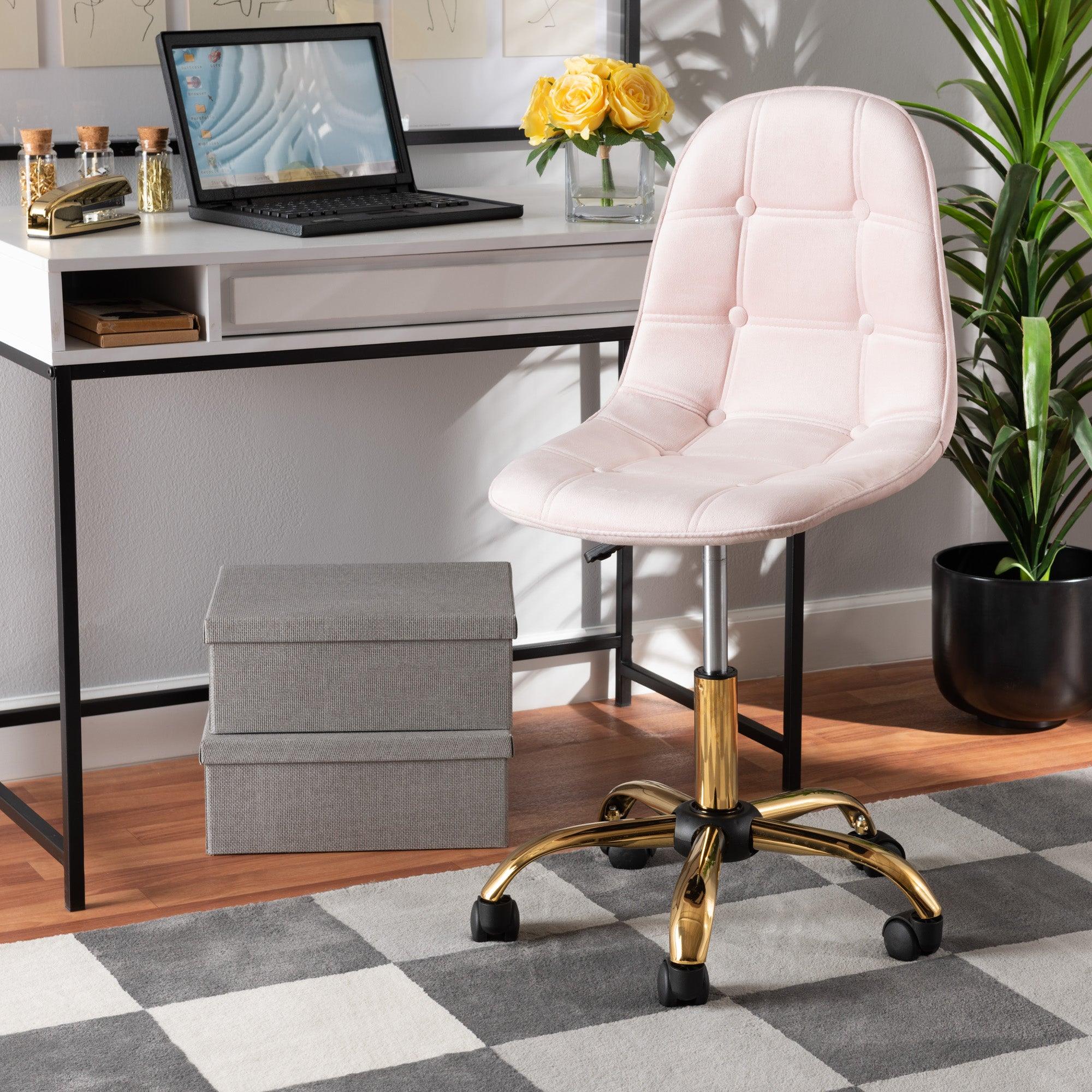 Kabira Contemporary Glam and Luxe Blush Velvet Fabric and Metal Swivel Office chair