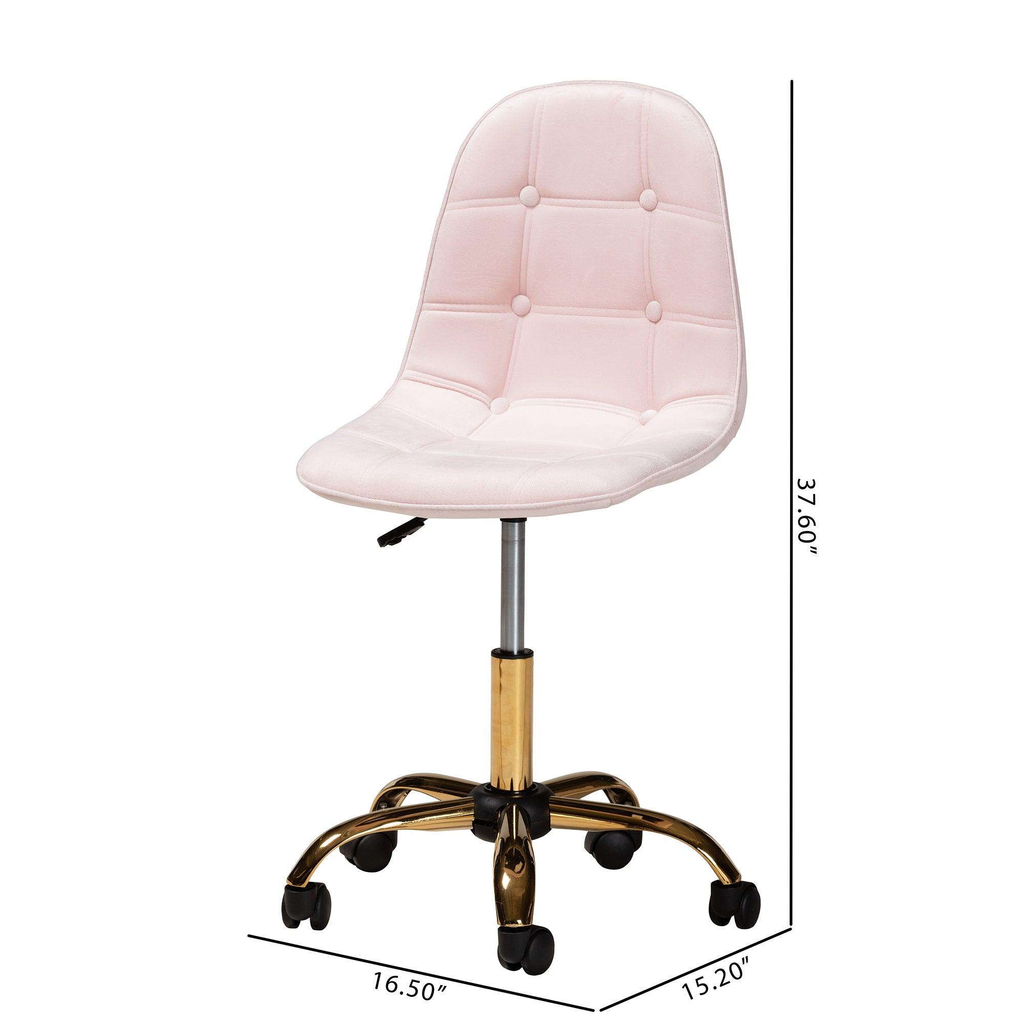 Kabira Contemporary Glam and Luxe Blush Velvet Fabric and Metal Swivel Office chair