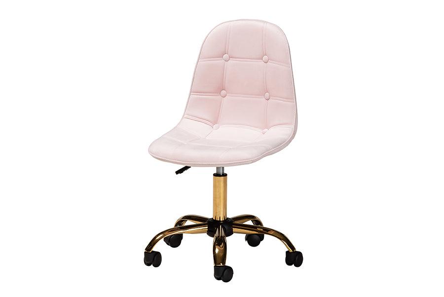 Kabira Contemporary Glam and Luxe Blush Velvet Fabric and Metal Swivel Office chair