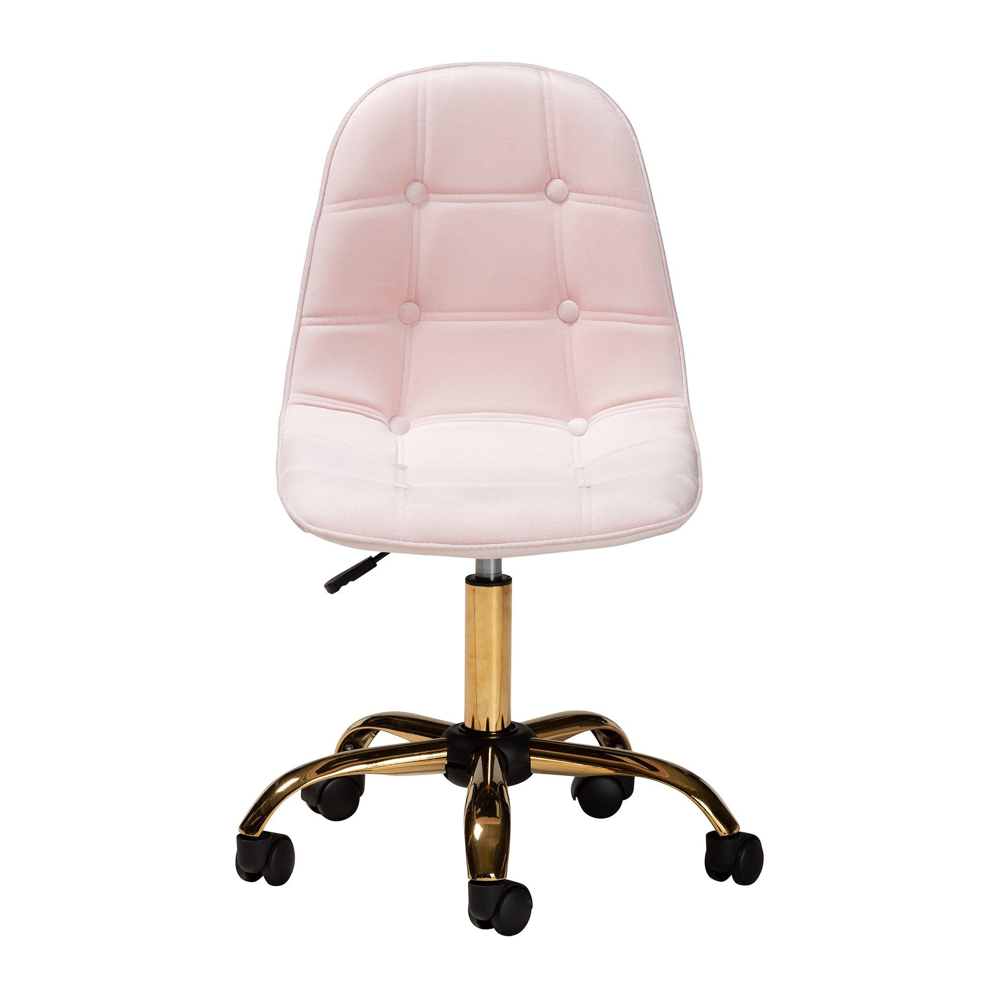 Kabira Contemporary Glam and Luxe Blush Velvet Fabric and Metal Swivel Office chair