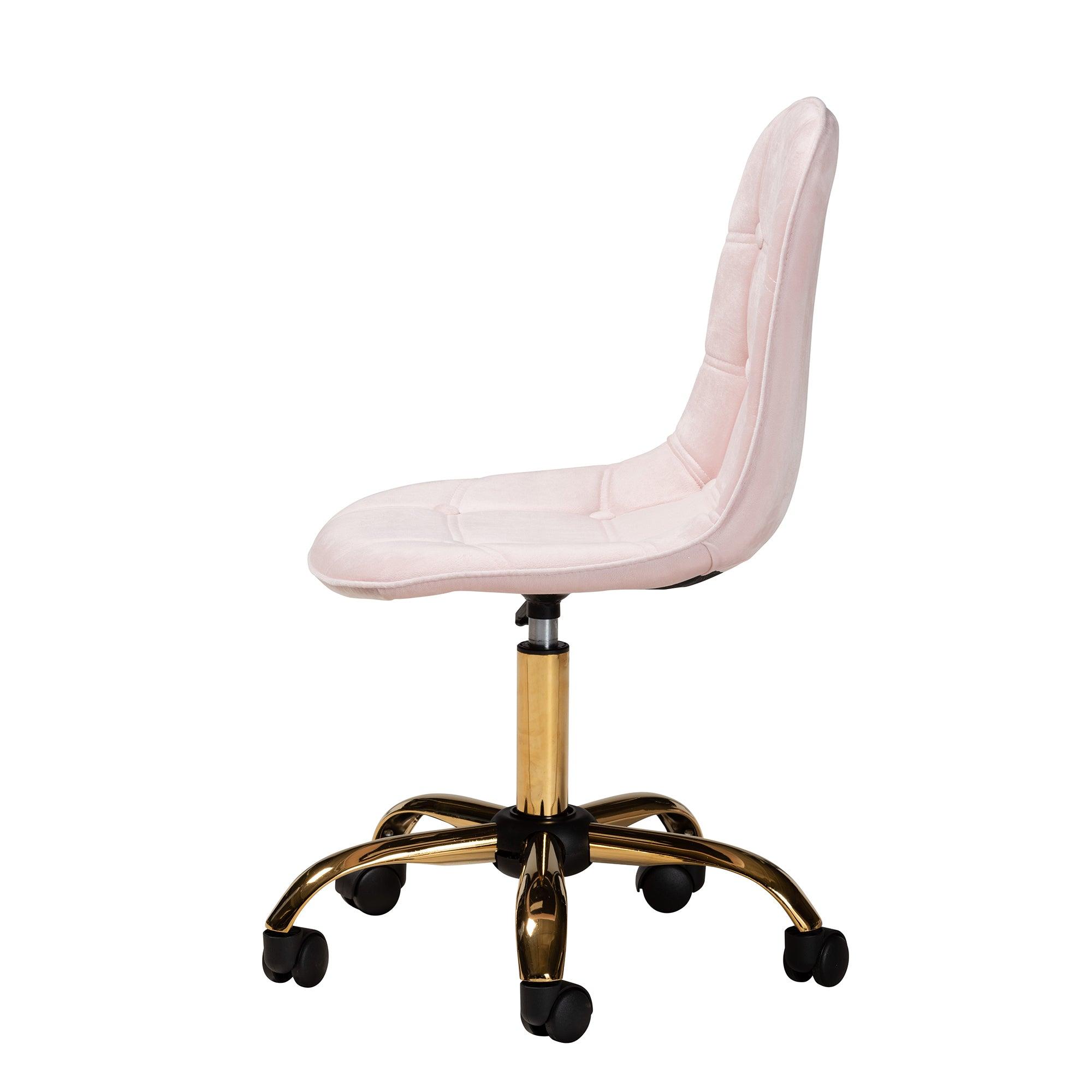 Kabira Contemporary Glam and Luxe Blush Velvet Fabric and Metal Swivel Office chair