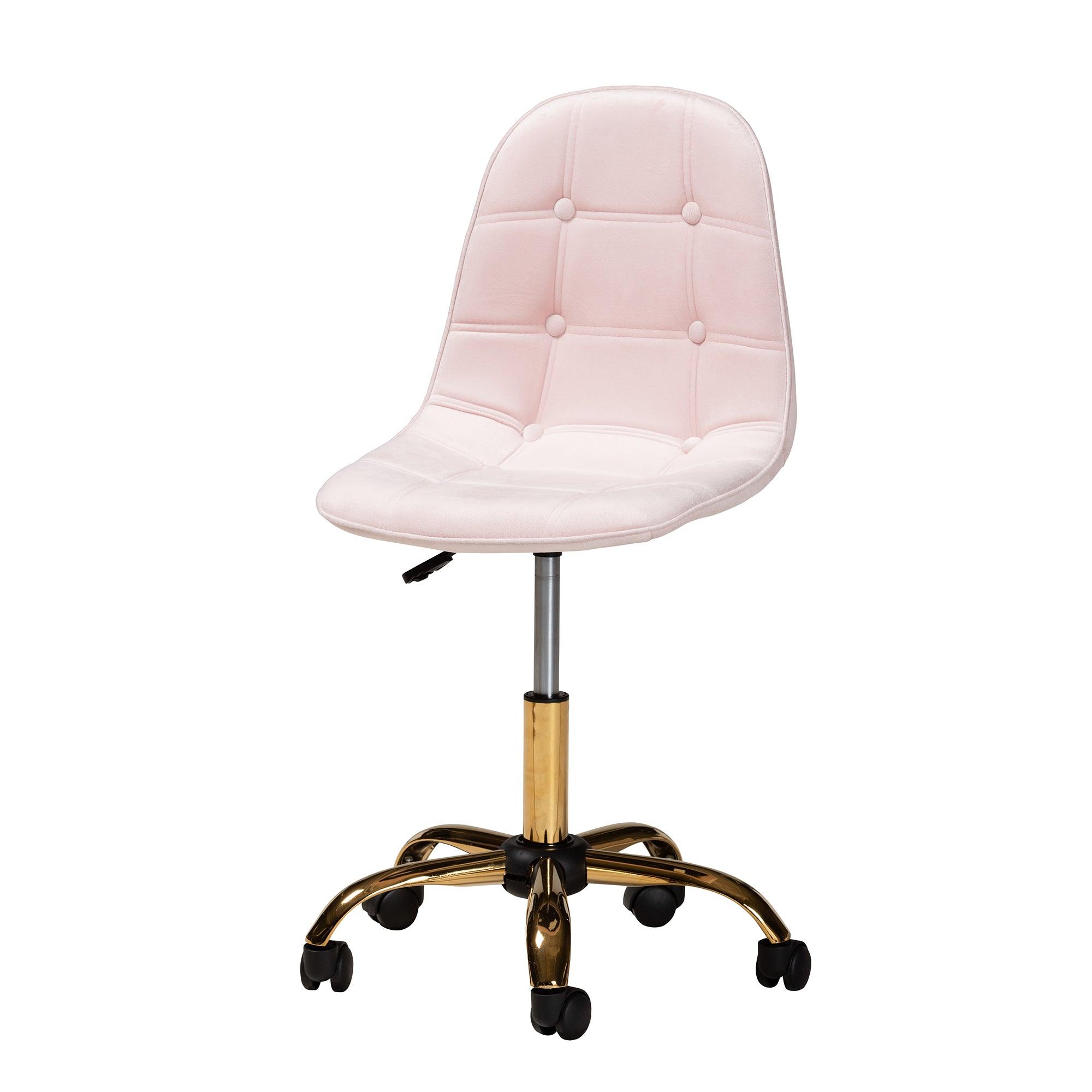 Kabira Contemporary Glam and Luxe Blush Velvet Fabric and Metal Swivel Office chair