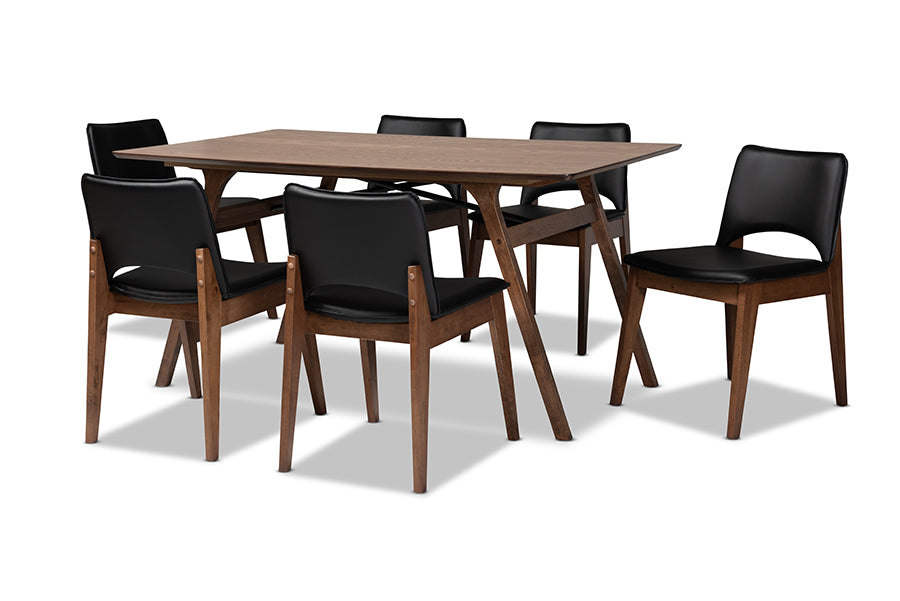 Afton Mid-Century Modern Faux Leather Upholstered and Finished Wood 7-Piece Dining Set
