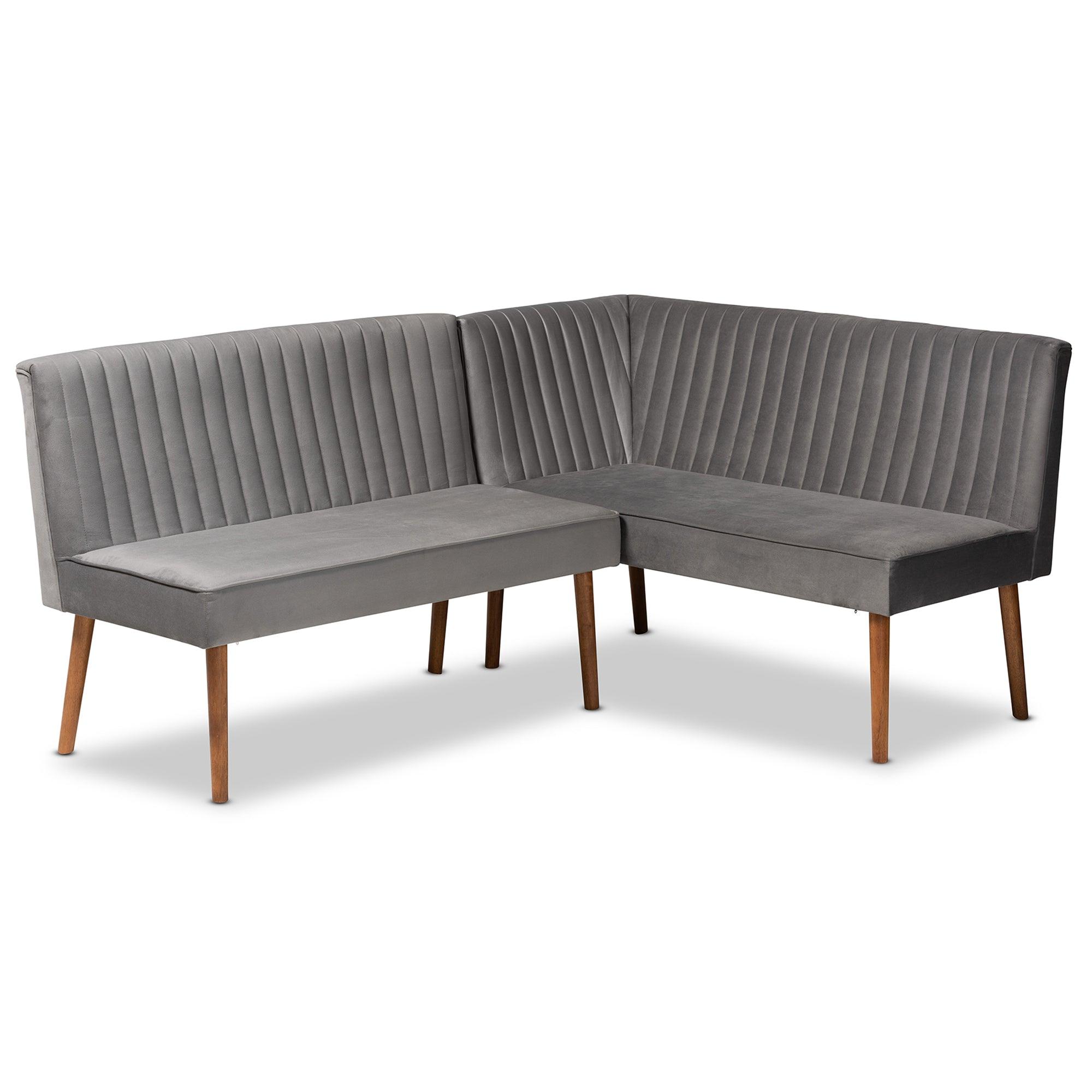 Alvis Mid-Century Modern Velvet Upholstered and Finished Wood 2-Piece Dining Nook Banquette Set
