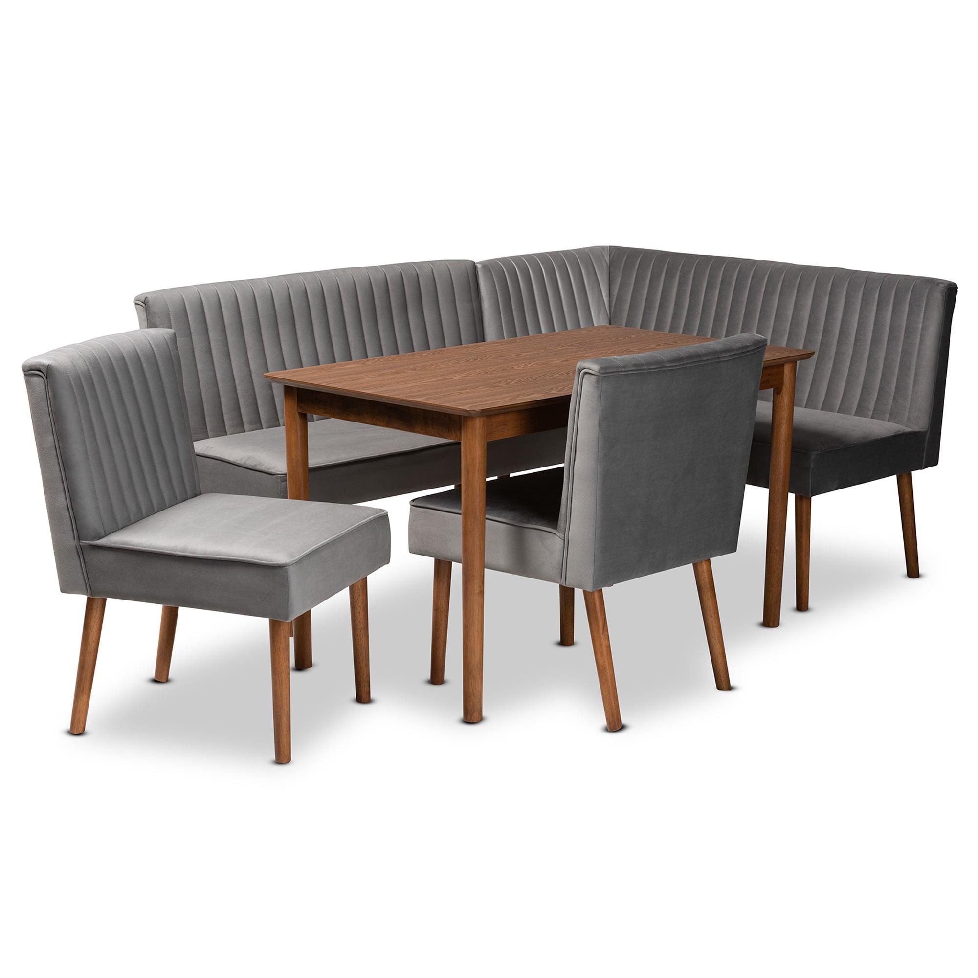 Alvis Mid-Century Modern Velvet Upholstered and Finished Wood 5-Piece Dining Nook Set