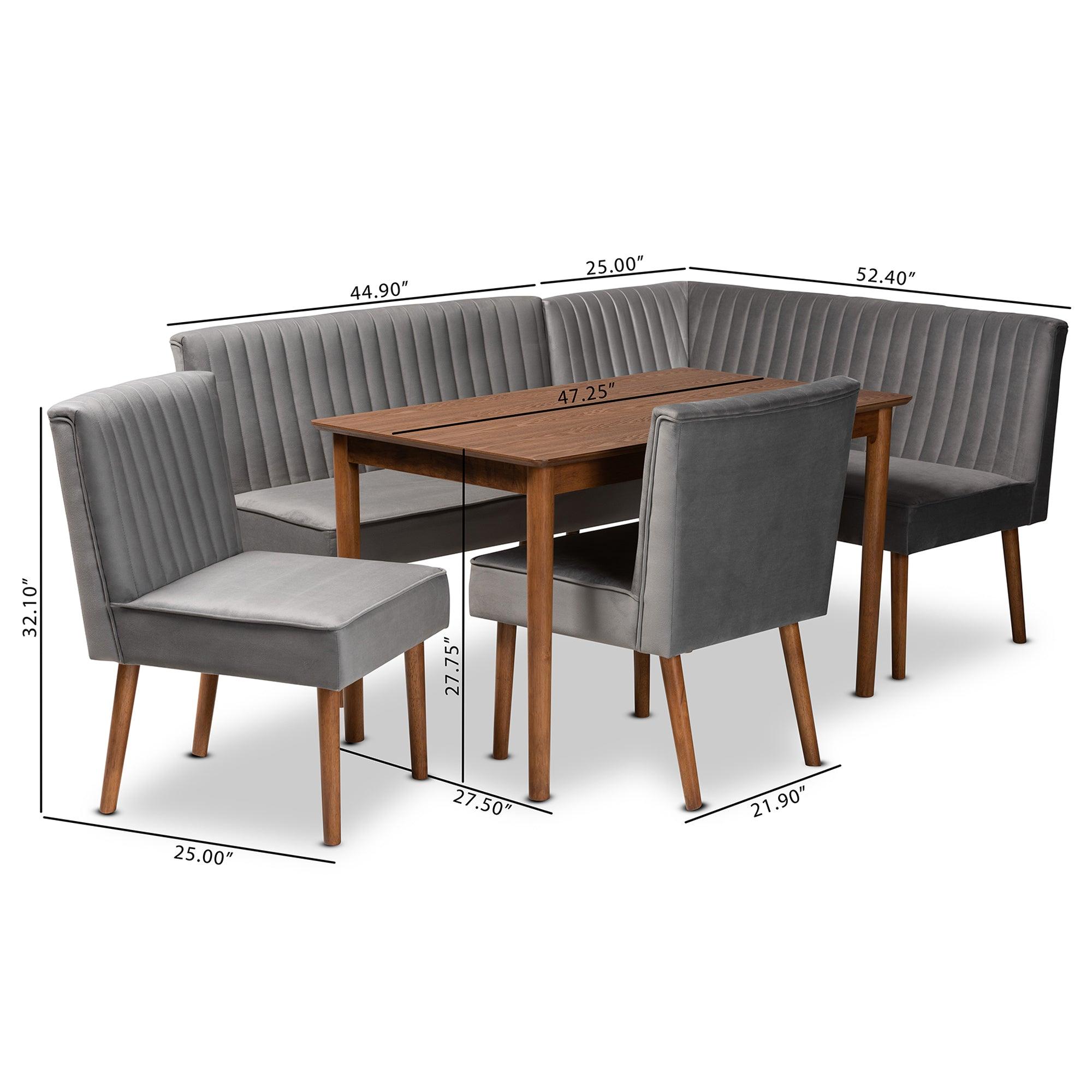 Alvis Mid-Century Modern Velvet Upholstered and Finished Wood 5-Piece Dining Nook Set