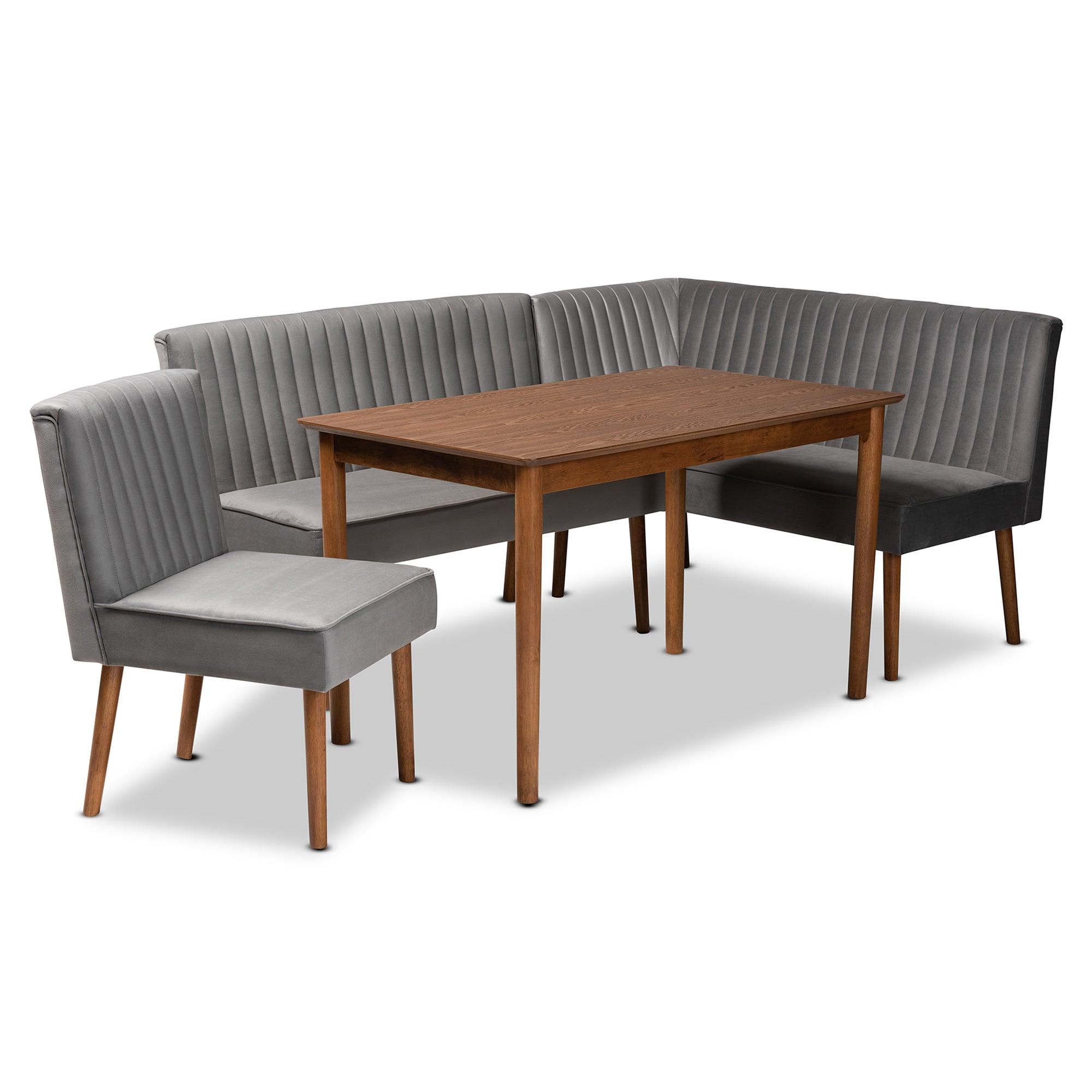 Alvis Mid-Century Modern Velvet Upholstered and Finished Wood 4-Piece Dining Nook Set
