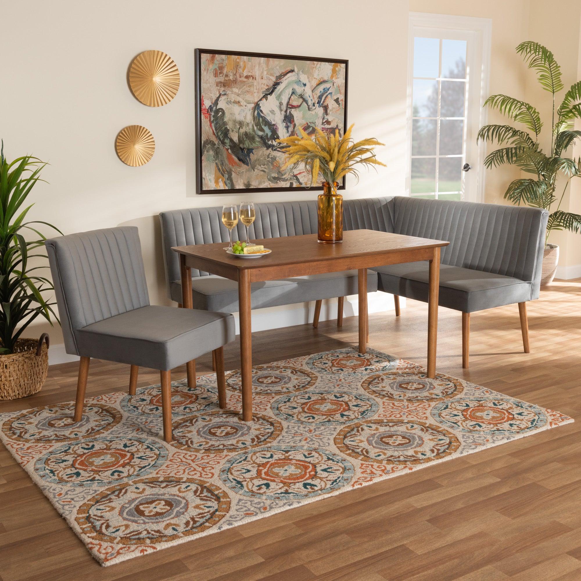 Alvis Mid-Century Modern Velvet Upholstered and Finished Wood 4-Piece Dining Nook Set