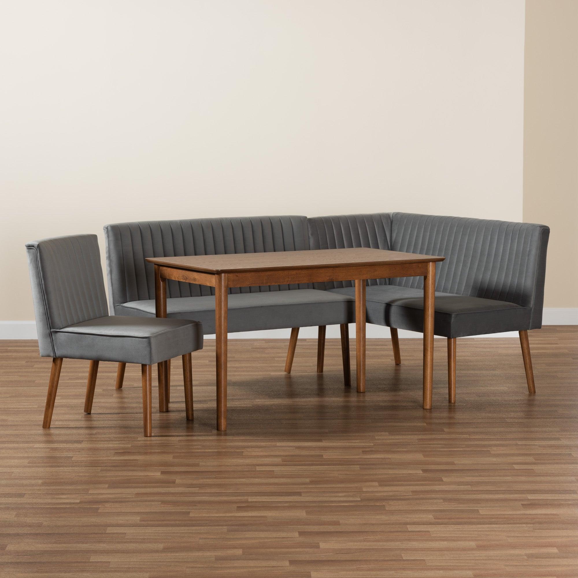 Alvis Mid-Century Modern Velvet Upholstered and Finished Wood 4-Piece Dining Nook Set
