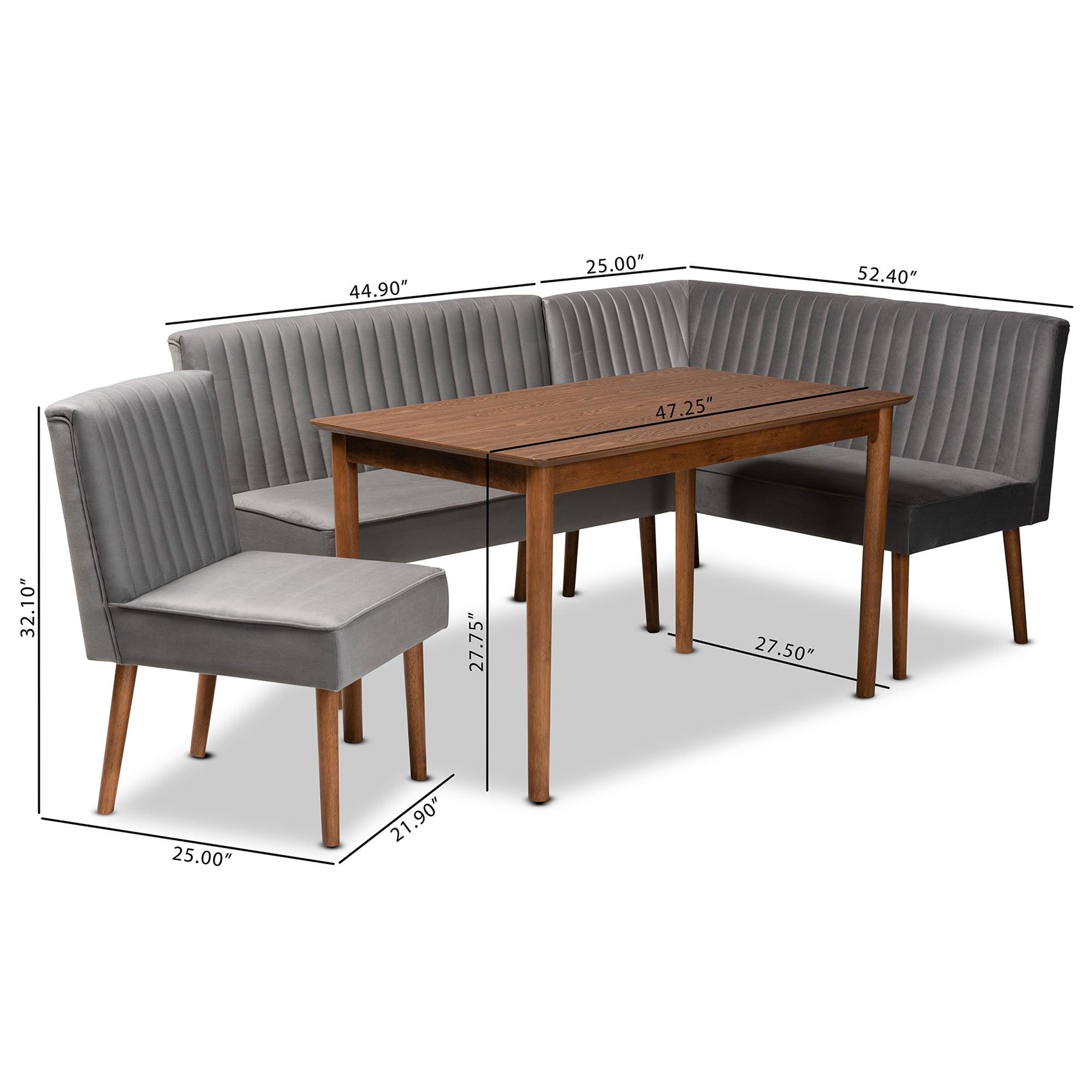 Alvis Mid-Century Modern Velvet Upholstered and Finished Wood 4-Piece Dining Nook Set