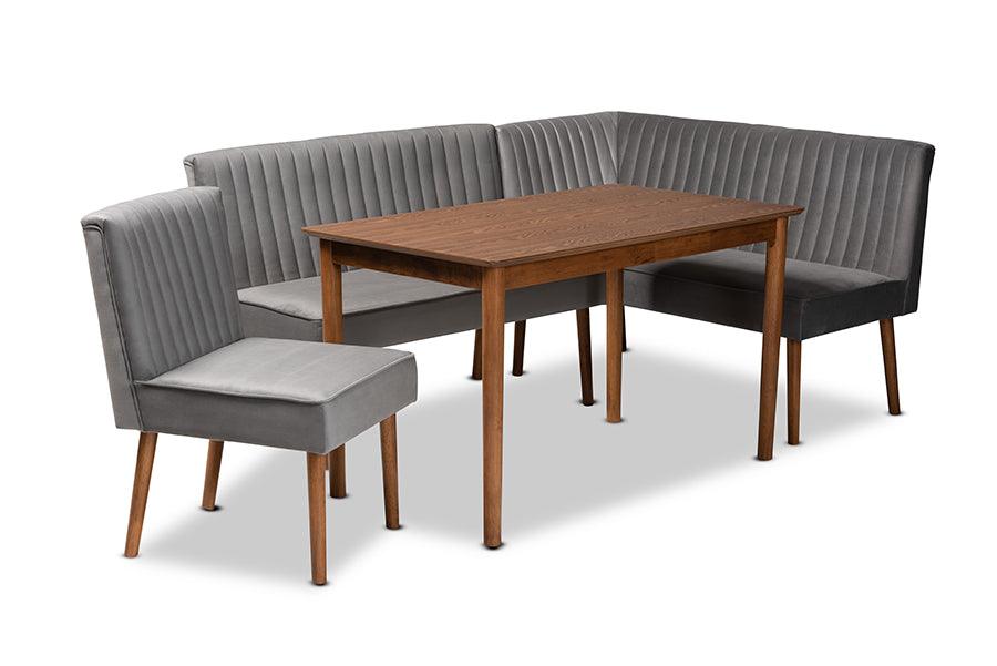 Alvis Mid-Century Modern Velvet Upholstered and Finished Wood 4-Piece Dining Nook Set