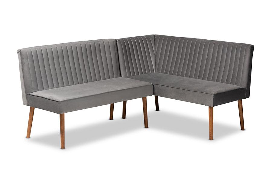 Alvis Mid-Century Modern Velvet Upholstered and Finished Wood 2-Piece Dining Nook Banquette Set