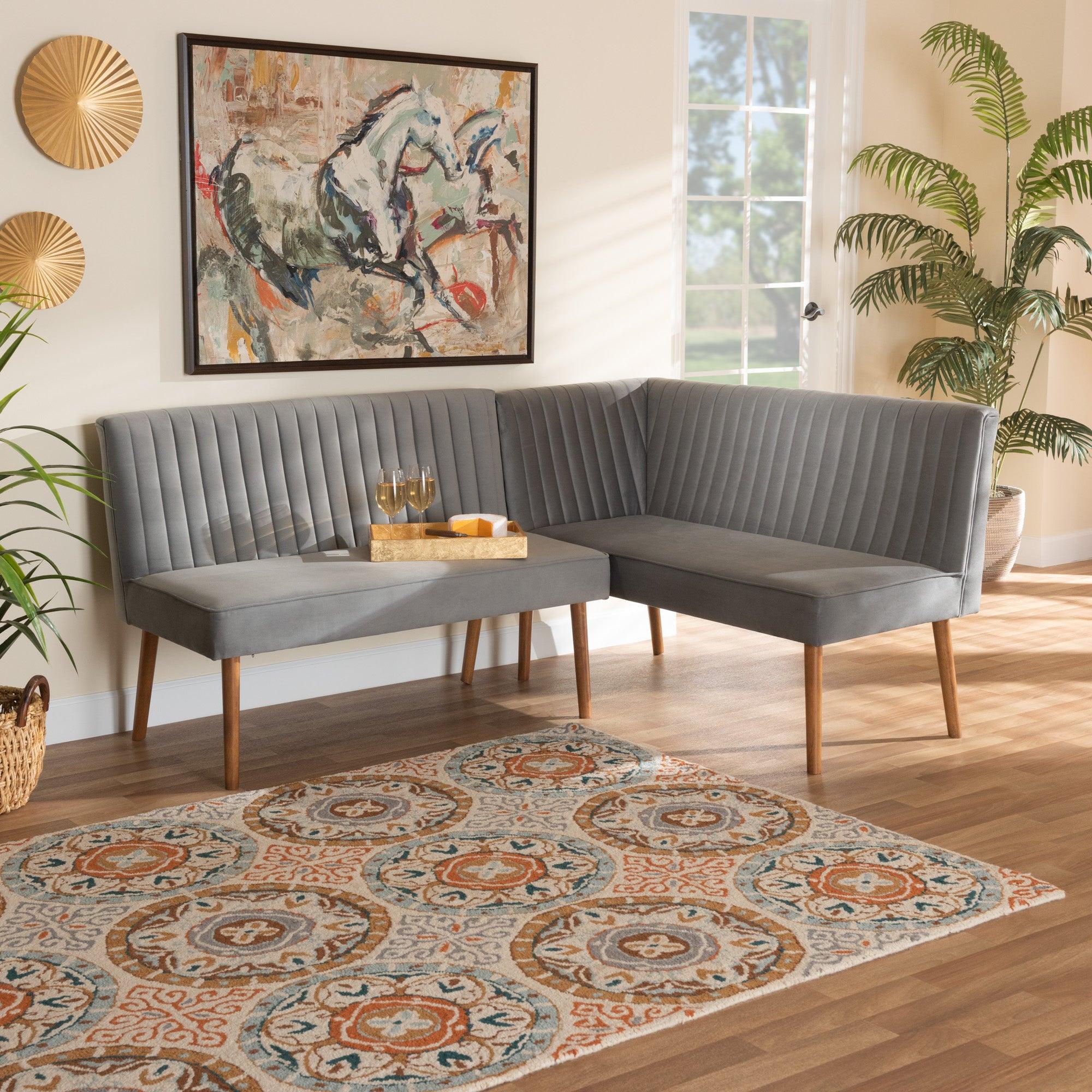 Alvis Mid-Century Modern Velvet Upholstered and Finished Wood 2-Piece Dining Nook Banquette Set