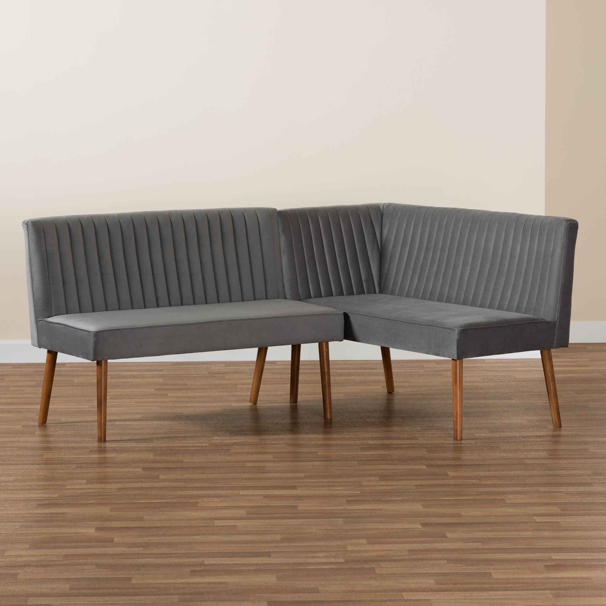Alvis Mid-Century Modern Velvet Upholstered and Finished Wood 2-Piece Dining Nook Banquette Set