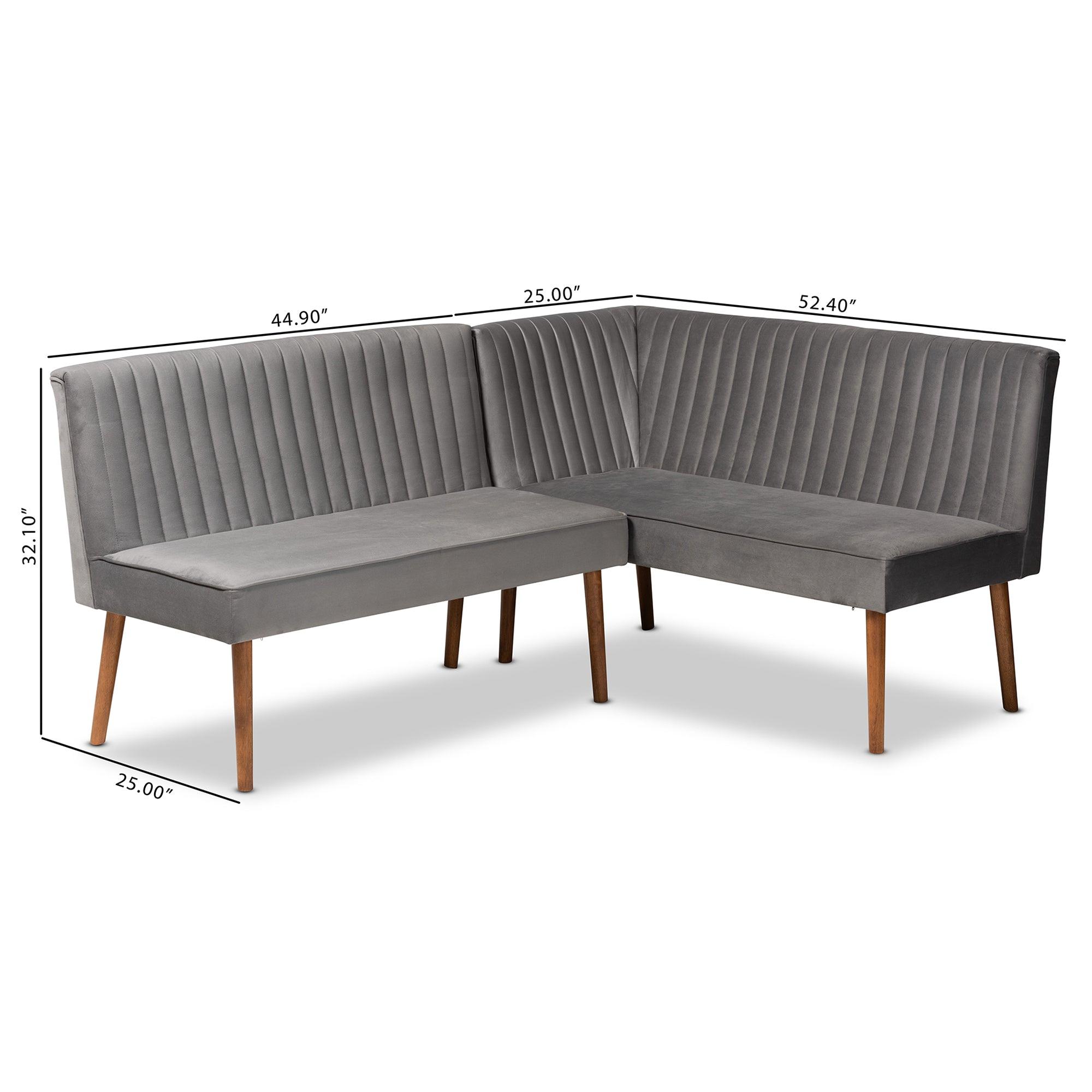Alvis Mid-Century Modern Velvet Upholstered and Finished Wood 2-Piece Dining Nook Banquette Set
