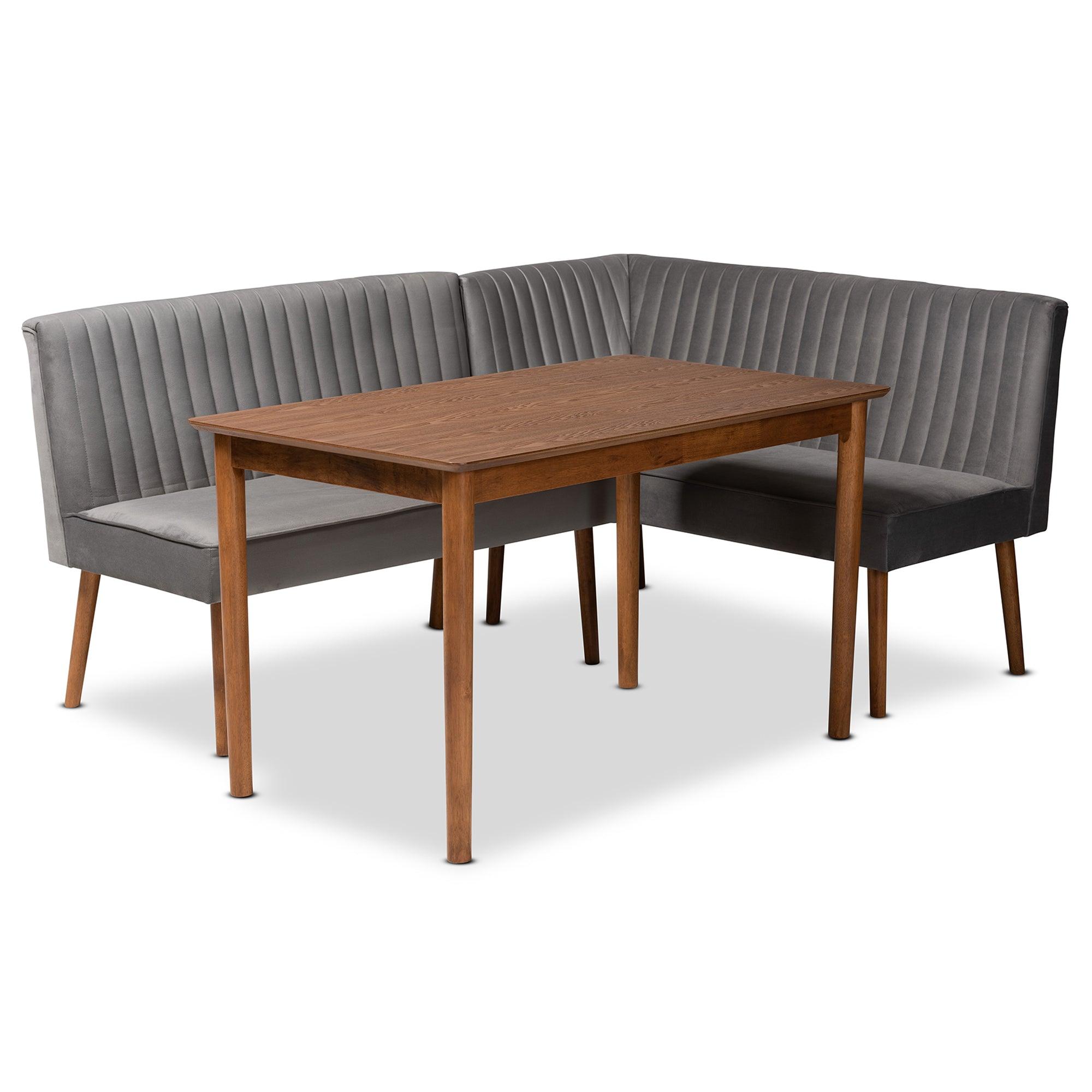 Alvis Mid-Century Modern Velvet Upholstered and Finished Wood 3-Piece Dining Nook Set