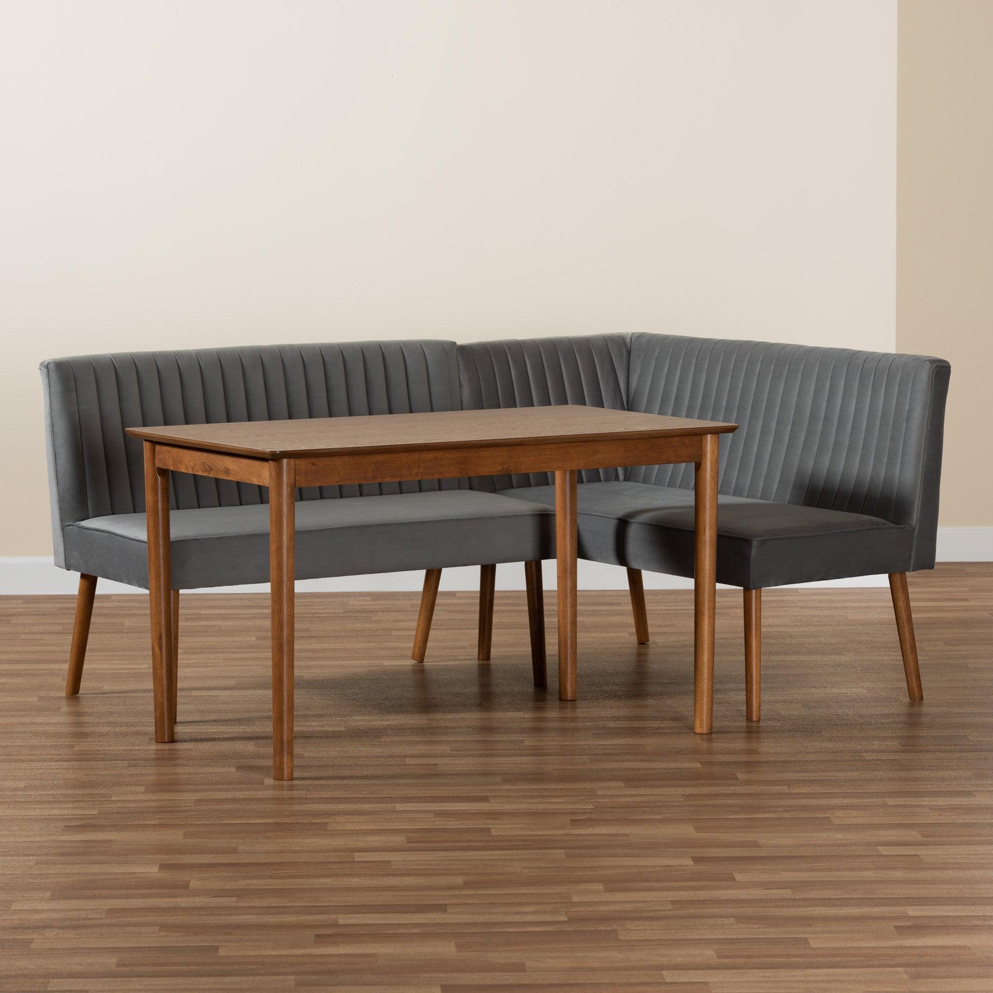 Alvis Mid-Century Modern Velvet Upholstered and Finished Wood 3-Piece Dining Nook Set