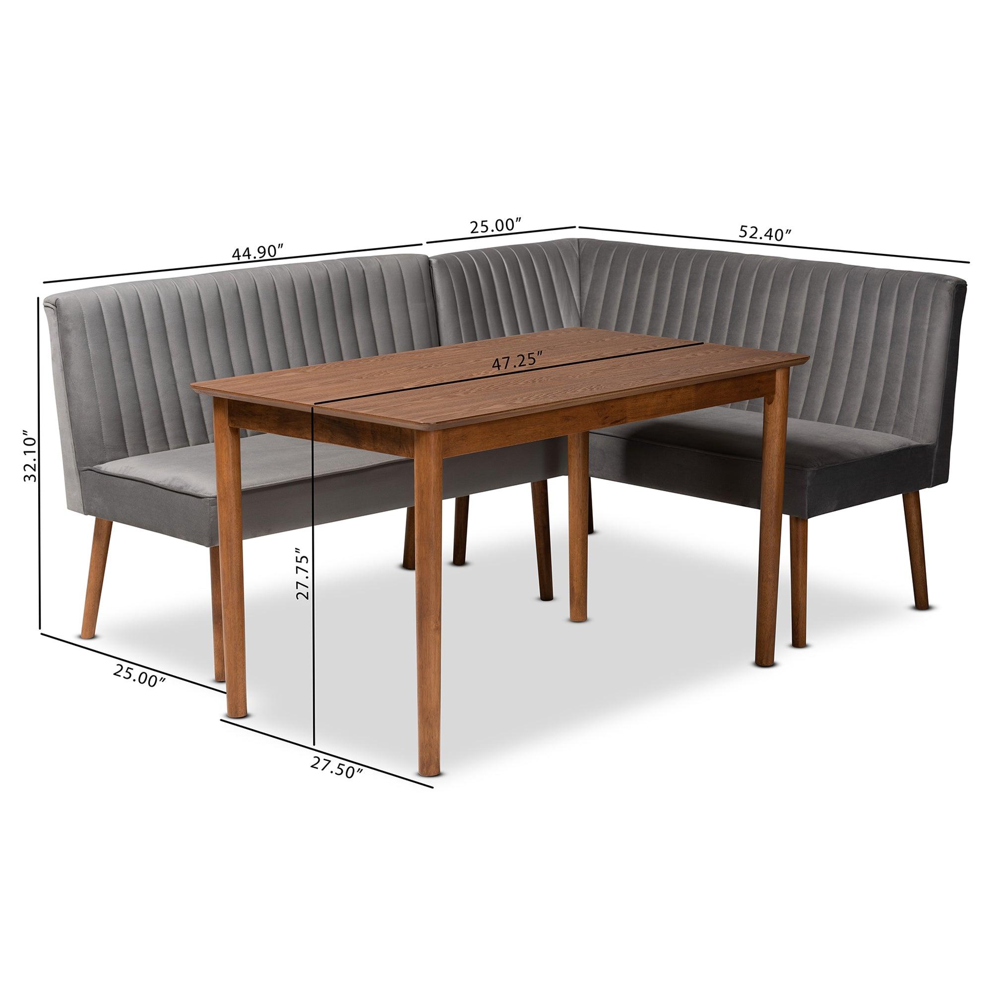 Alvis Mid-Century Modern Velvet Upholstered and Finished Wood 3-Piece Dining Nook Set