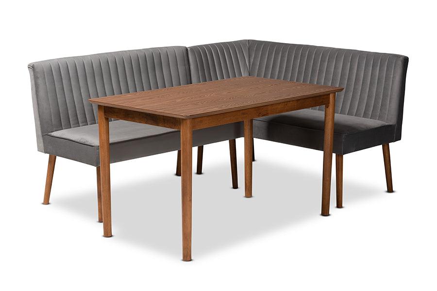 Alvis Mid-Century Modern Velvet Upholstered and Finished Wood 3-Piece Dining Nook Set