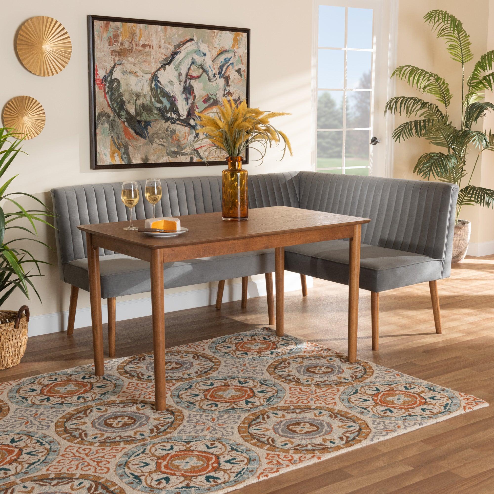 Alvis Mid-Century Modern Velvet Upholstered and Finished Wood 3-Piece Dining Nook Set