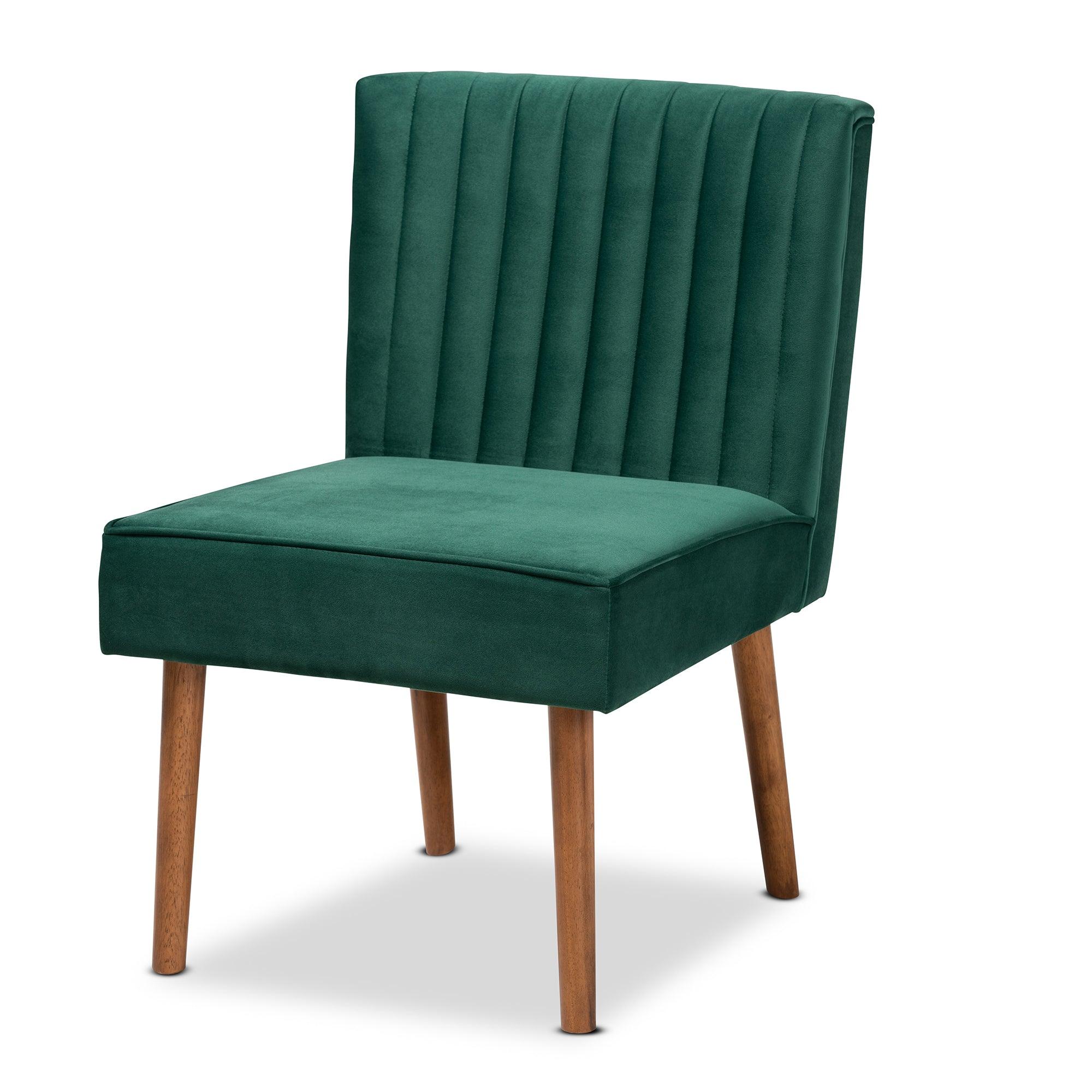 Alvis Mid-Century Modern Emerald Velvet Upholstered and Finished Wood Dining Chair