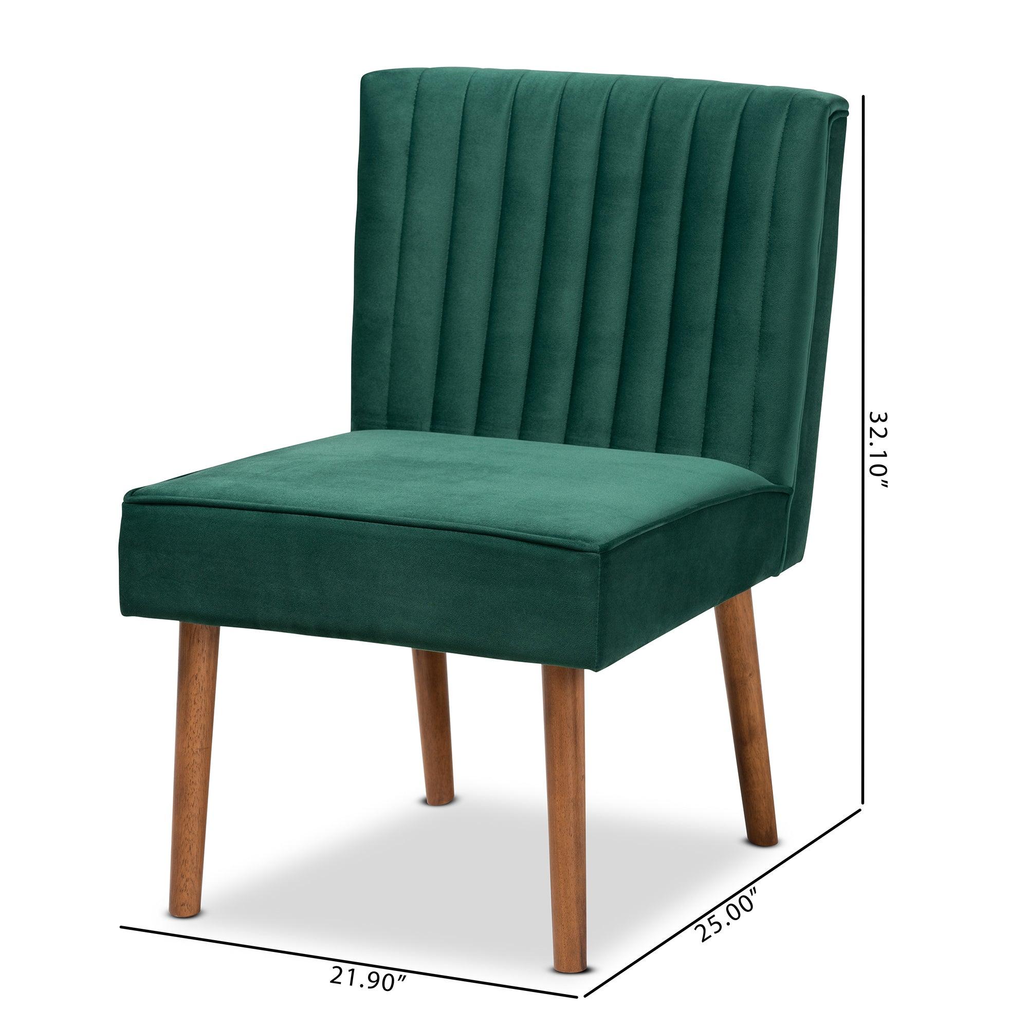 Alvis Mid-Century Modern Emerald Velvet Upholstered and Finished Wood Dining Chair