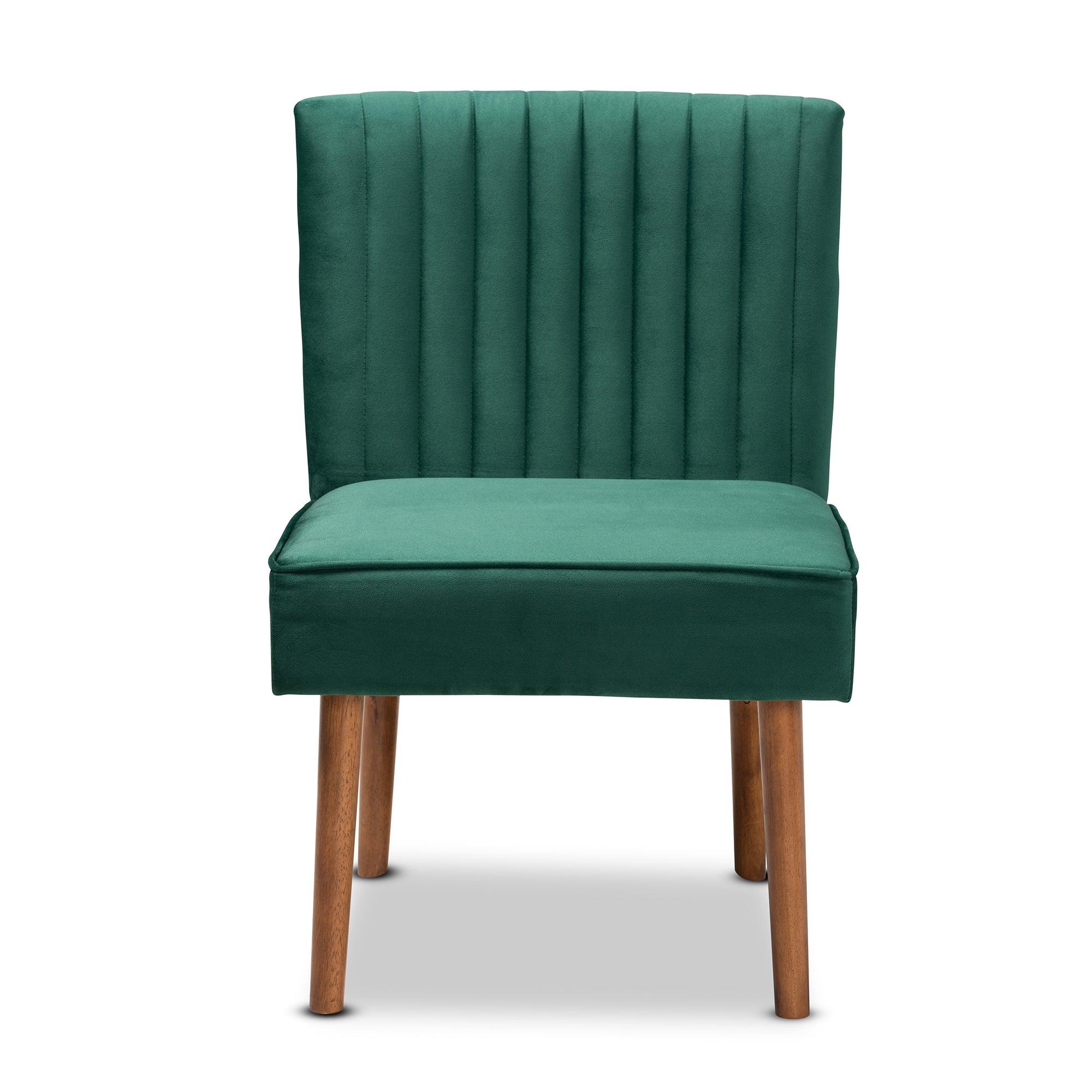 Alvis Mid-Century Modern Emerald Velvet Upholstered and Finished Wood Dining Chair