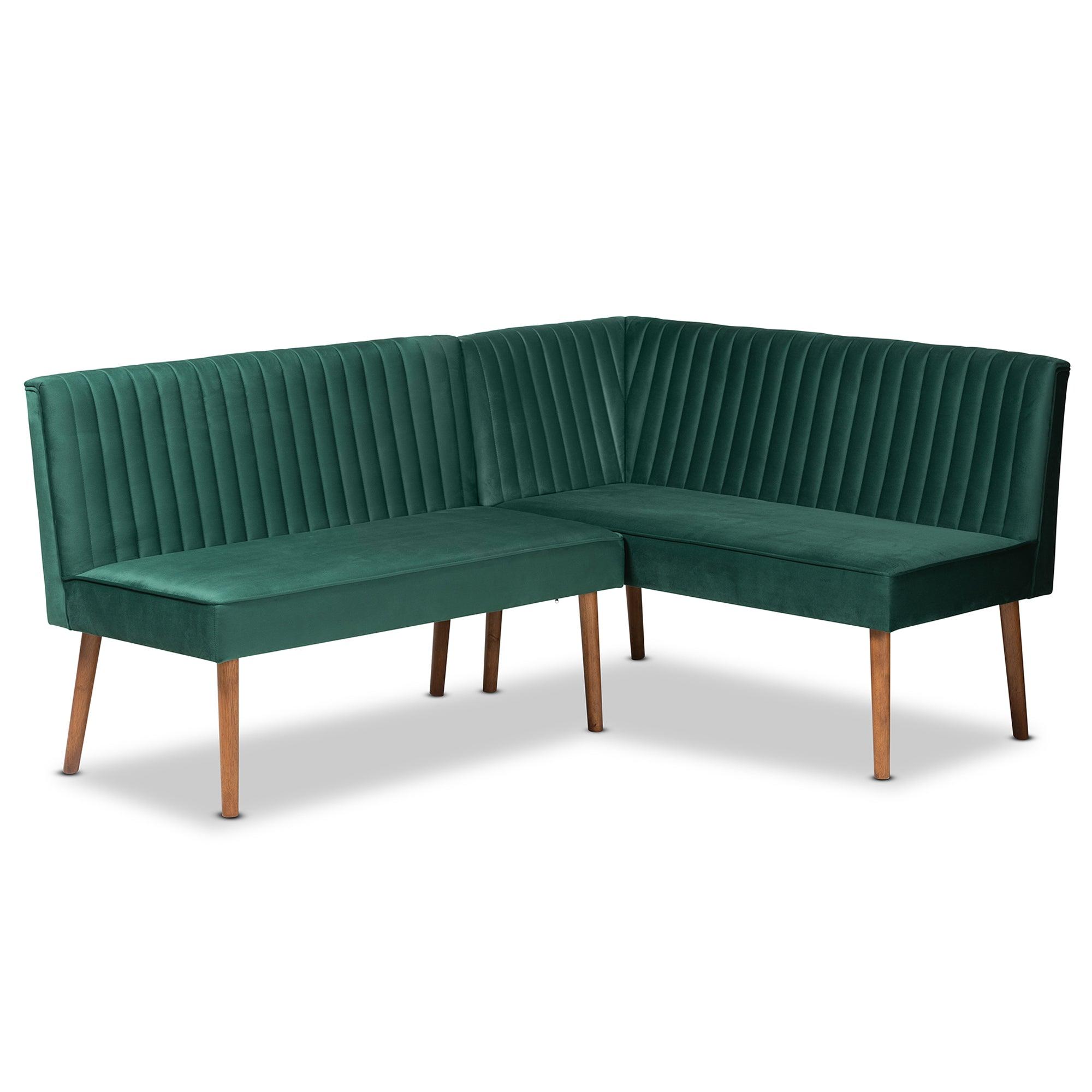 Alvis Mid-Century Modern Emerald Velvet Upholstered and Finished Wood 2-Piece Dining Nook Banquette Set
