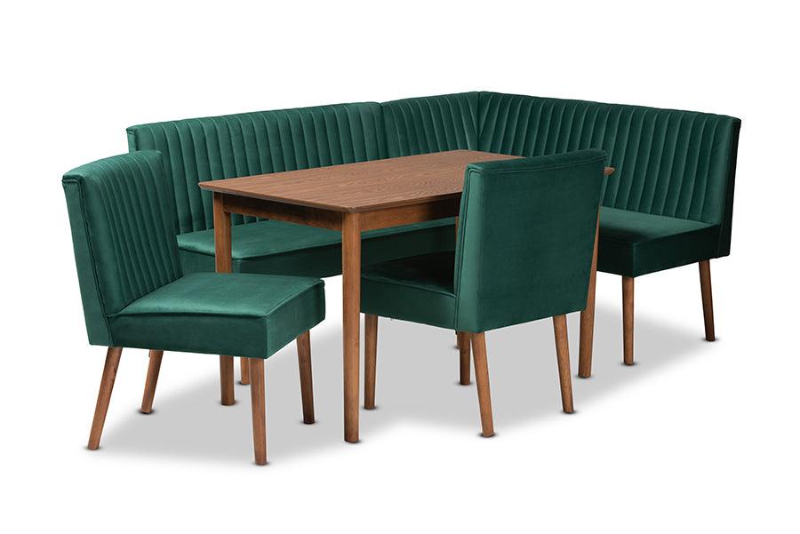 Alvis Mid-Century Modern Emerald Velvet Upholstered and Finished Wood 5-Piece Dining Nook Set