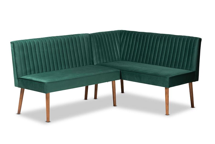 Alvis Mid-Century Modern Emerald Velvet Upholstered and Finished Wood 2-Piece Dining Nook Banquette Set