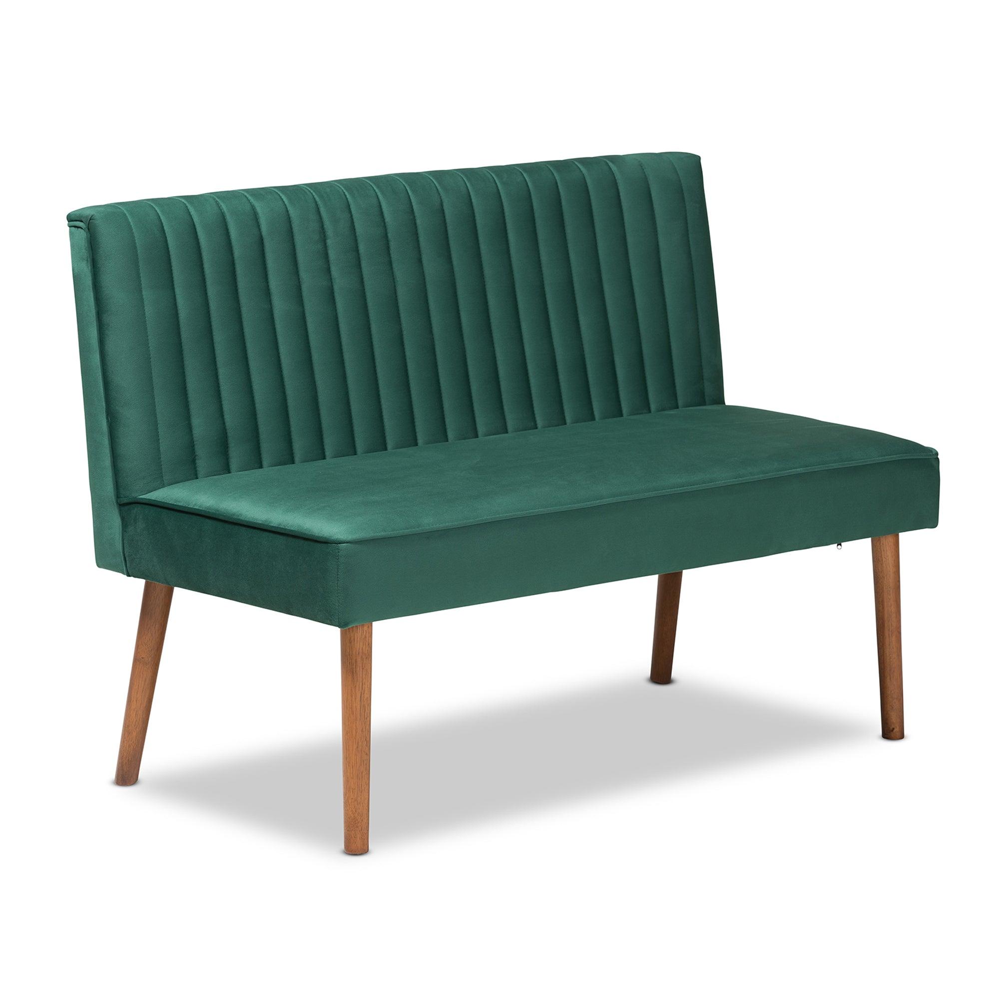Alvis Mid-Century Modern Emerald Velvet Upholstered and Finished Wood 2-Piece Dining Nook Banquette Set