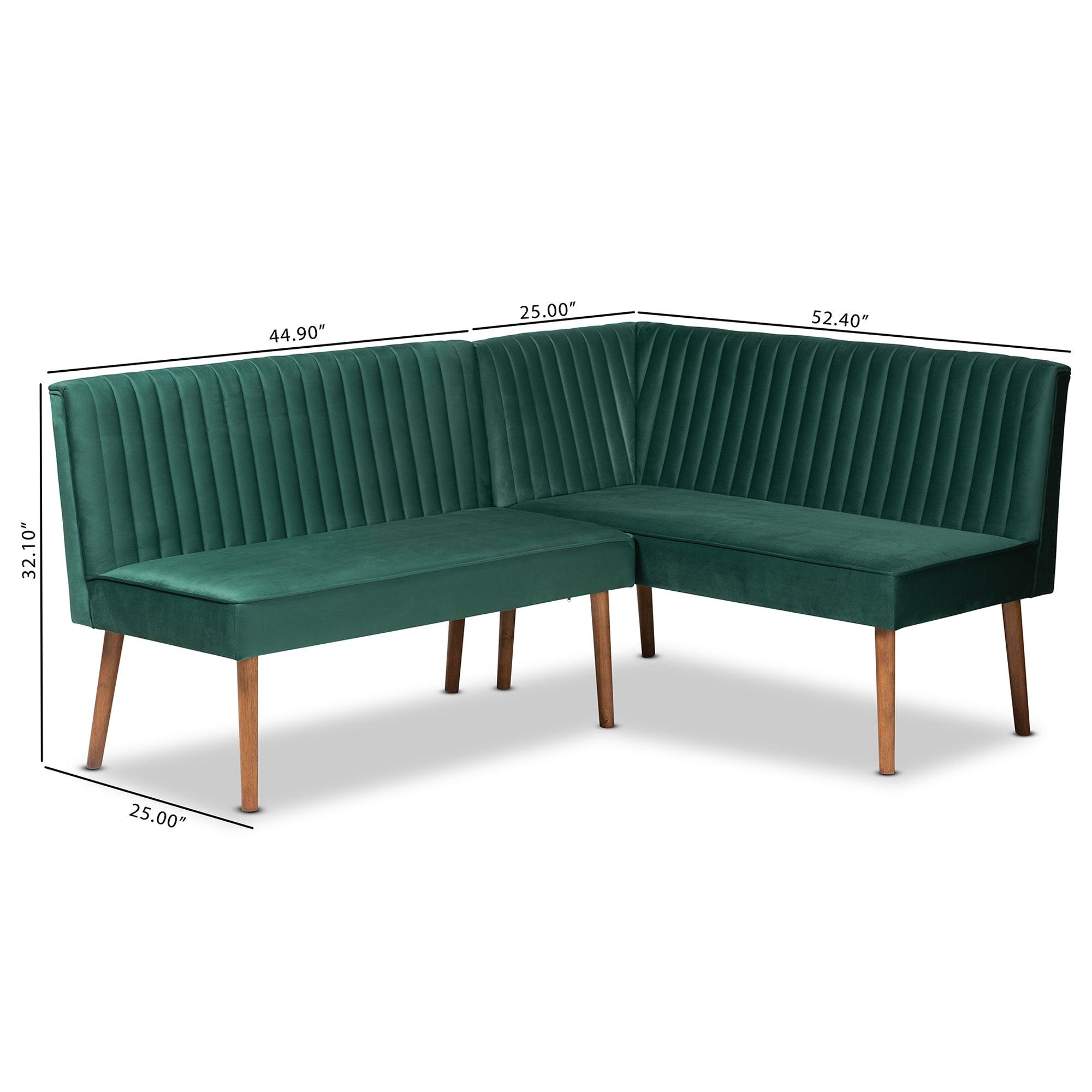 Alvis Mid-Century Modern Emerald Velvet Upholstered and Finished Wood 2-Piece Dining Nook Banquette Set
