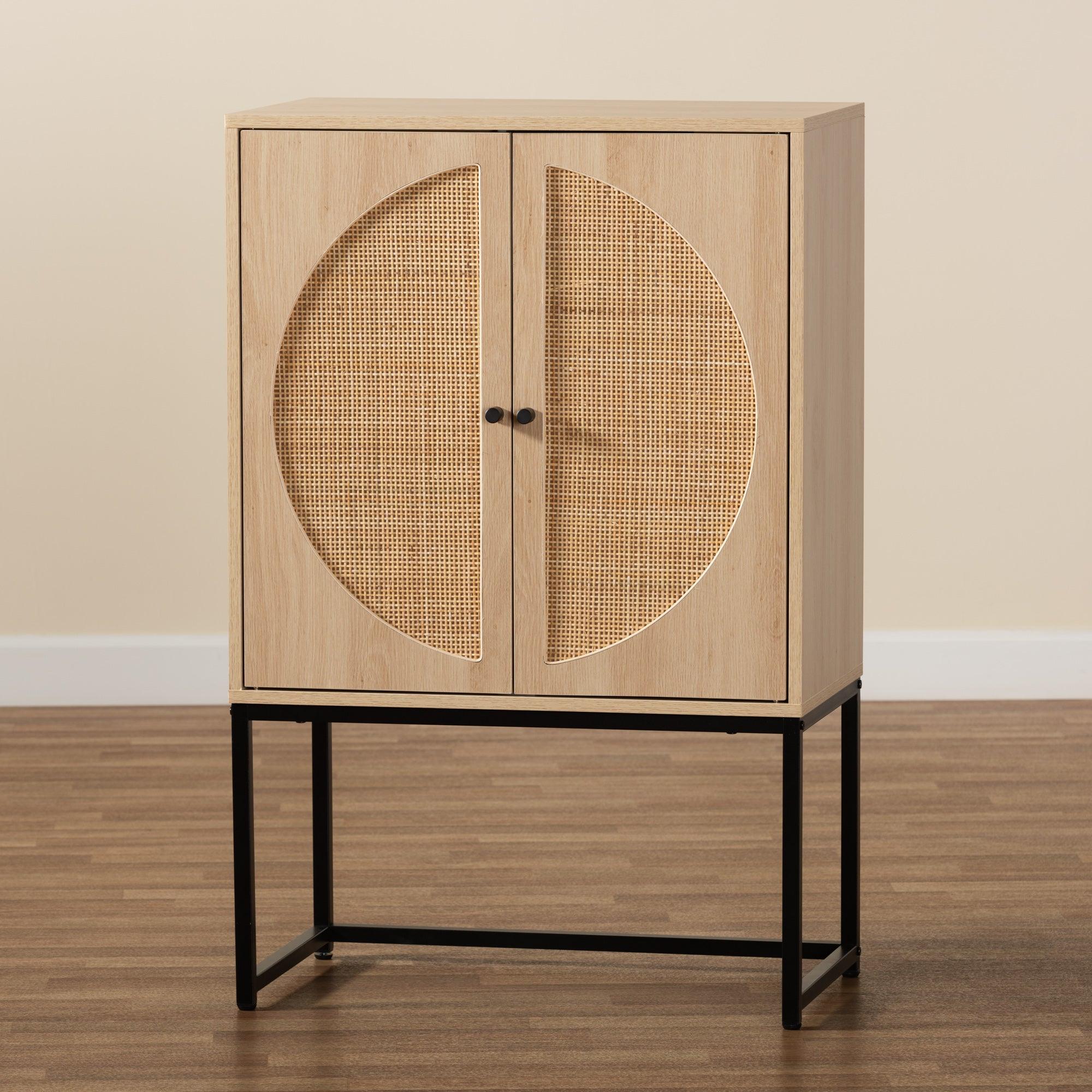Ardon Bohemian Light Finished Wood and Metal 2-Door Storage Cabinet with Rattan