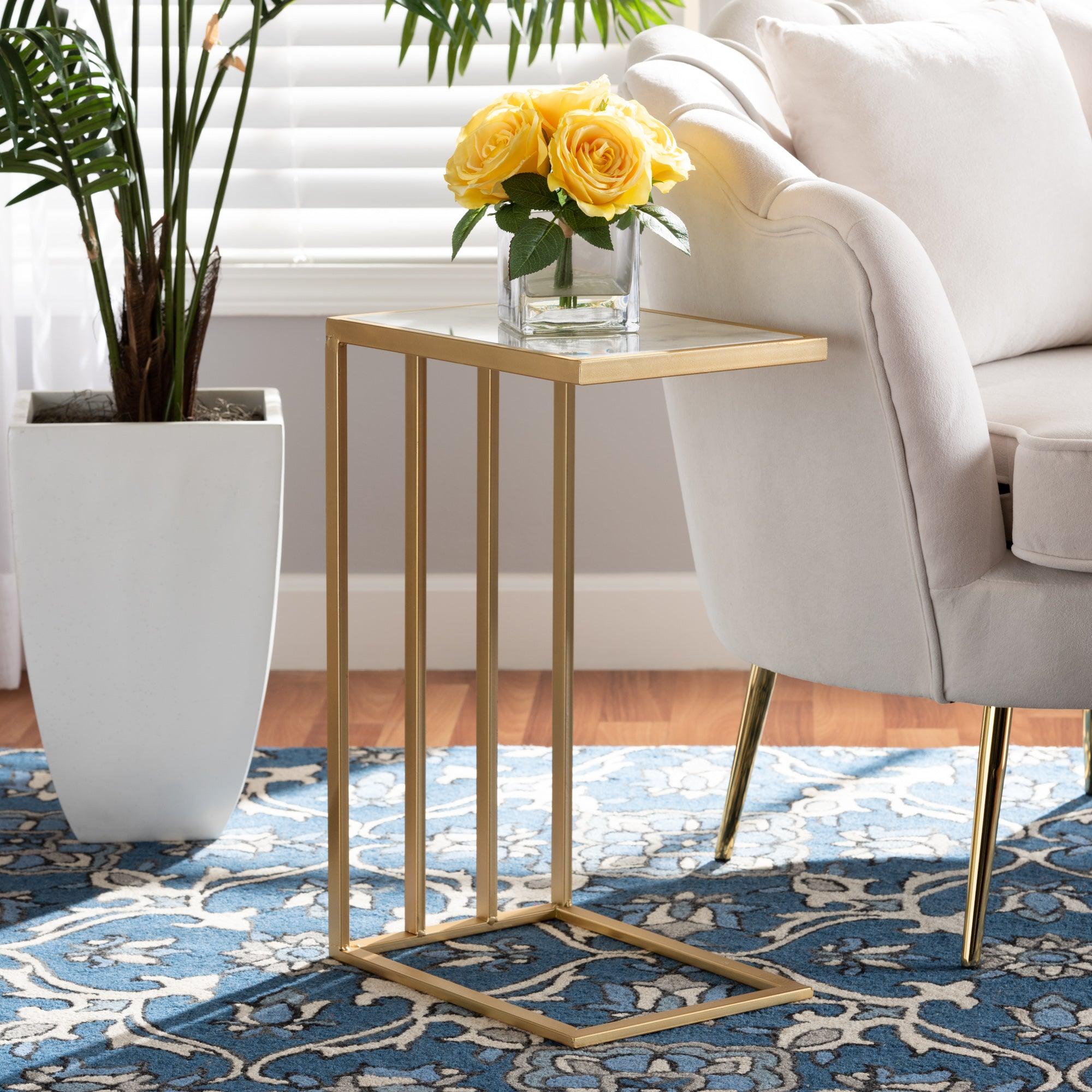 Parkin Modern and Contemporary Finished Metal C Shaped End Table with Marble Tabletop