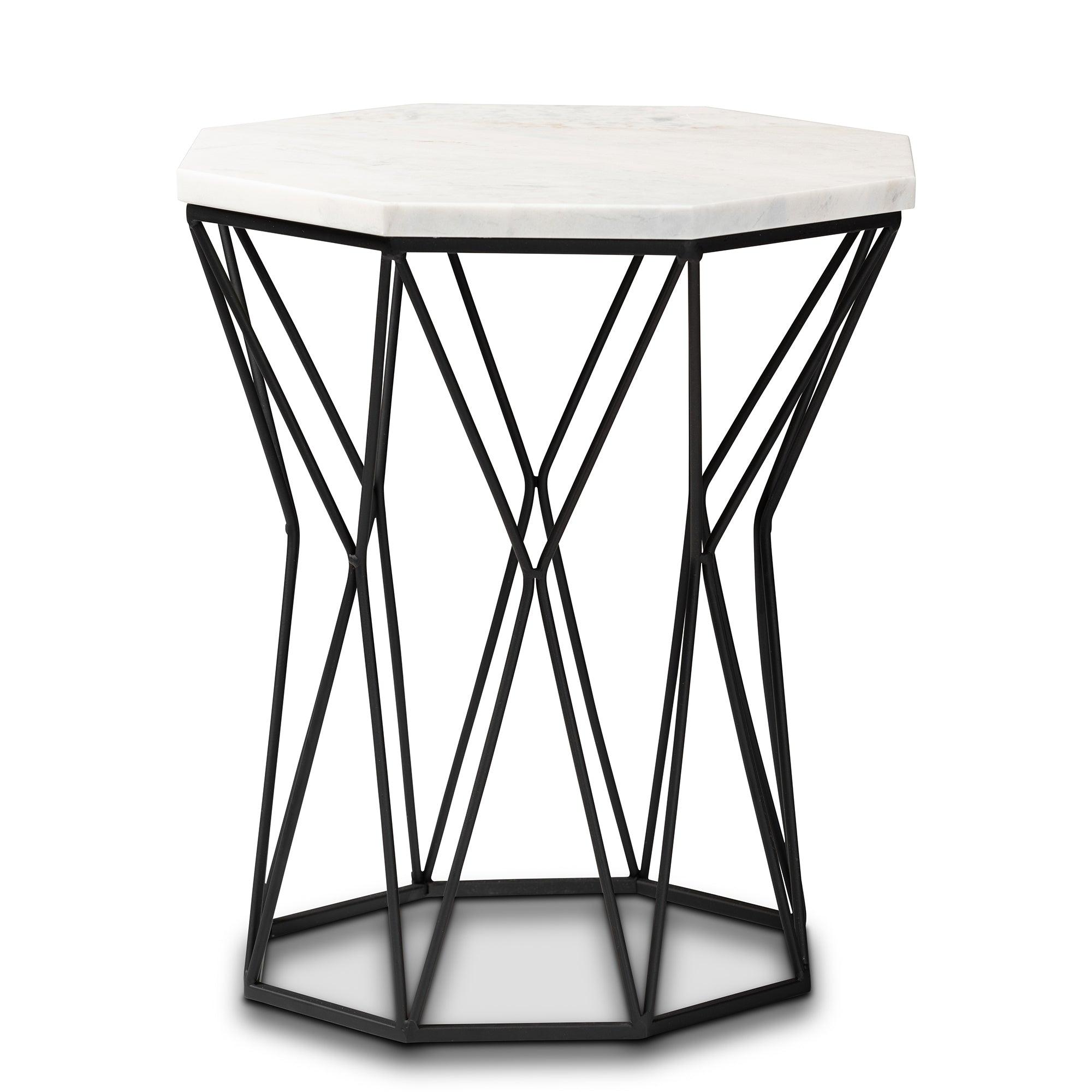 Venedict Modern and Contemporary Metal End Table with Marble Tabletop